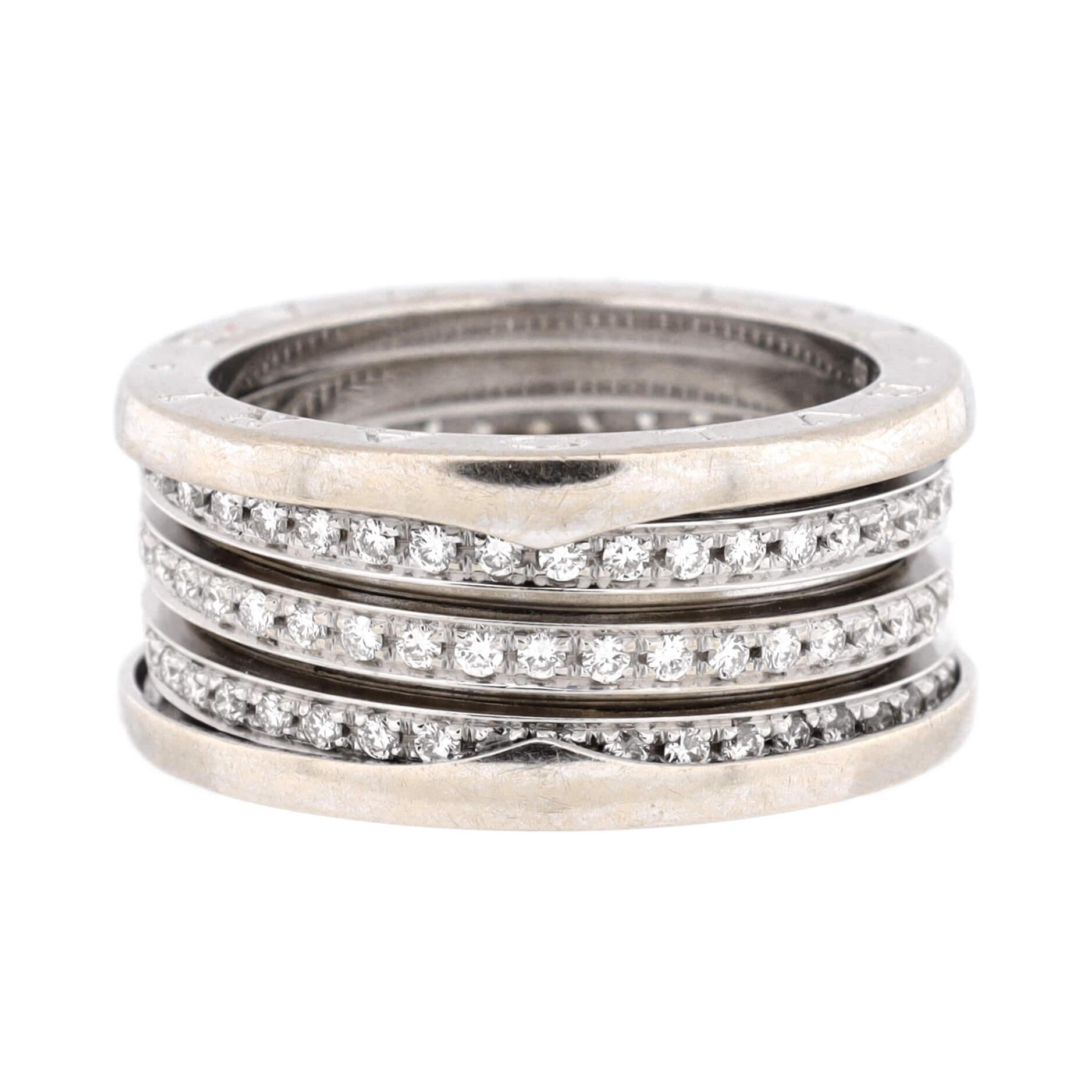 Condition: Good. Moderately heavy wear and discoloration throughout.
Accessories: No Accessories
Measurements: Size: 9 - 60, Width: 12.00 mm
Designer: Bvlgari
Model: B.Zero1 Four Band Ring 18K White Gold and Diamonds
Exterior Color: White Gold
Item
