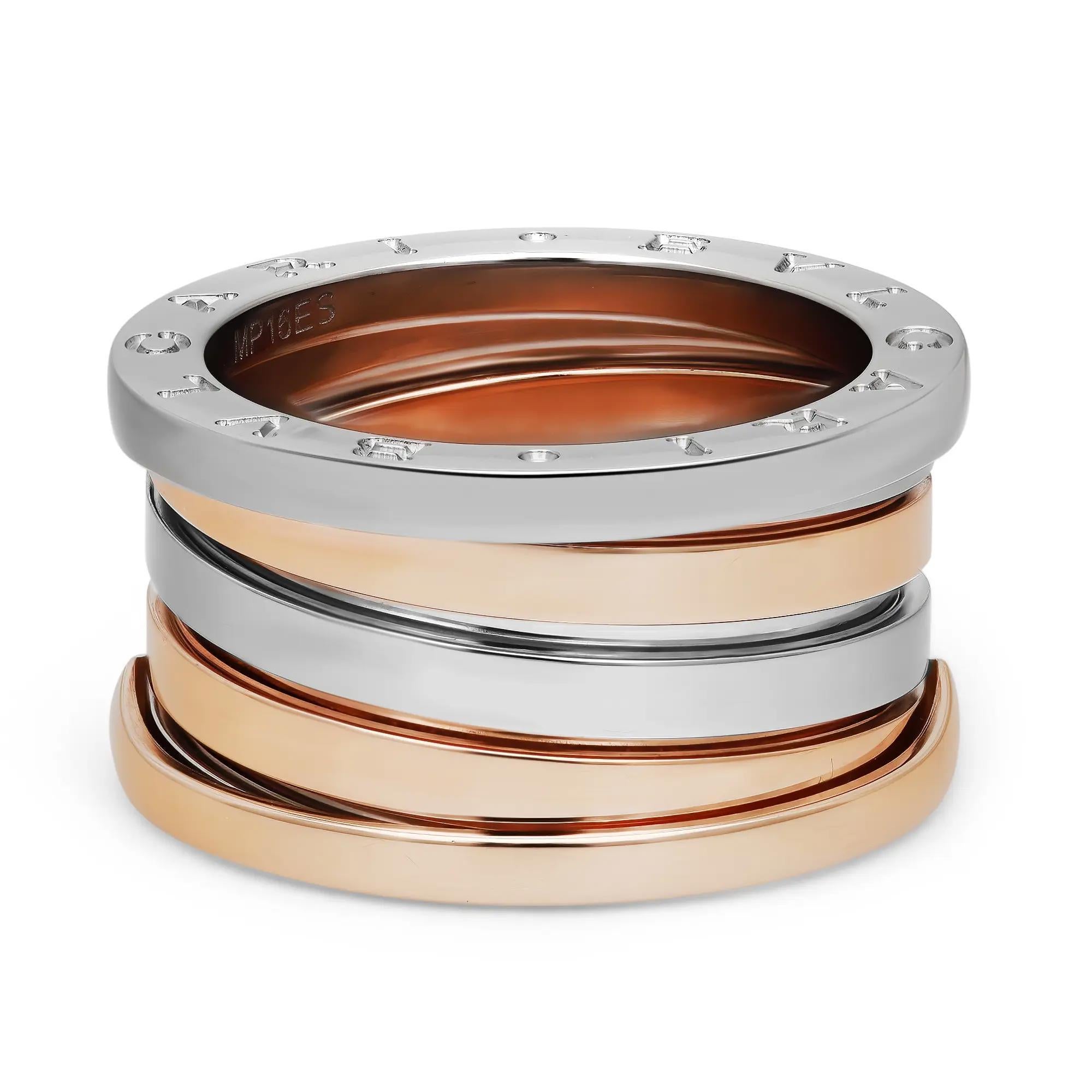 From the Bvlgari B.zero1 collection, this beautiful four-band multi-color gold ring is crafted in a lustrous 18K white gold and rose gold. It features a distinctive four-band spiral ring with pavé set round brilliant cut diamonds on the rims with