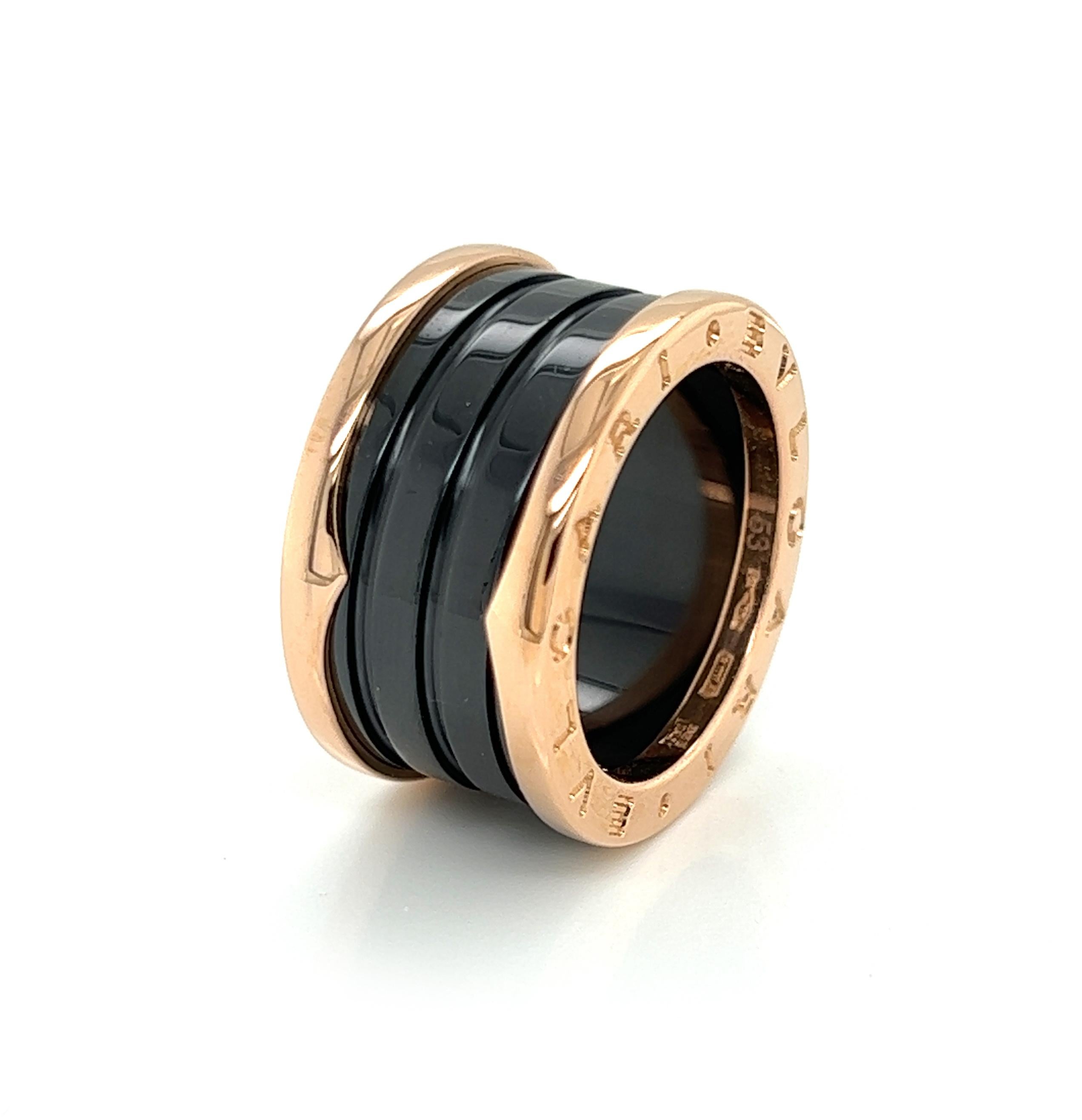 Modern Bvlgari B.zero1 Four-Band Ring in 18k Rose Gold & Black Ceramic - Size 6