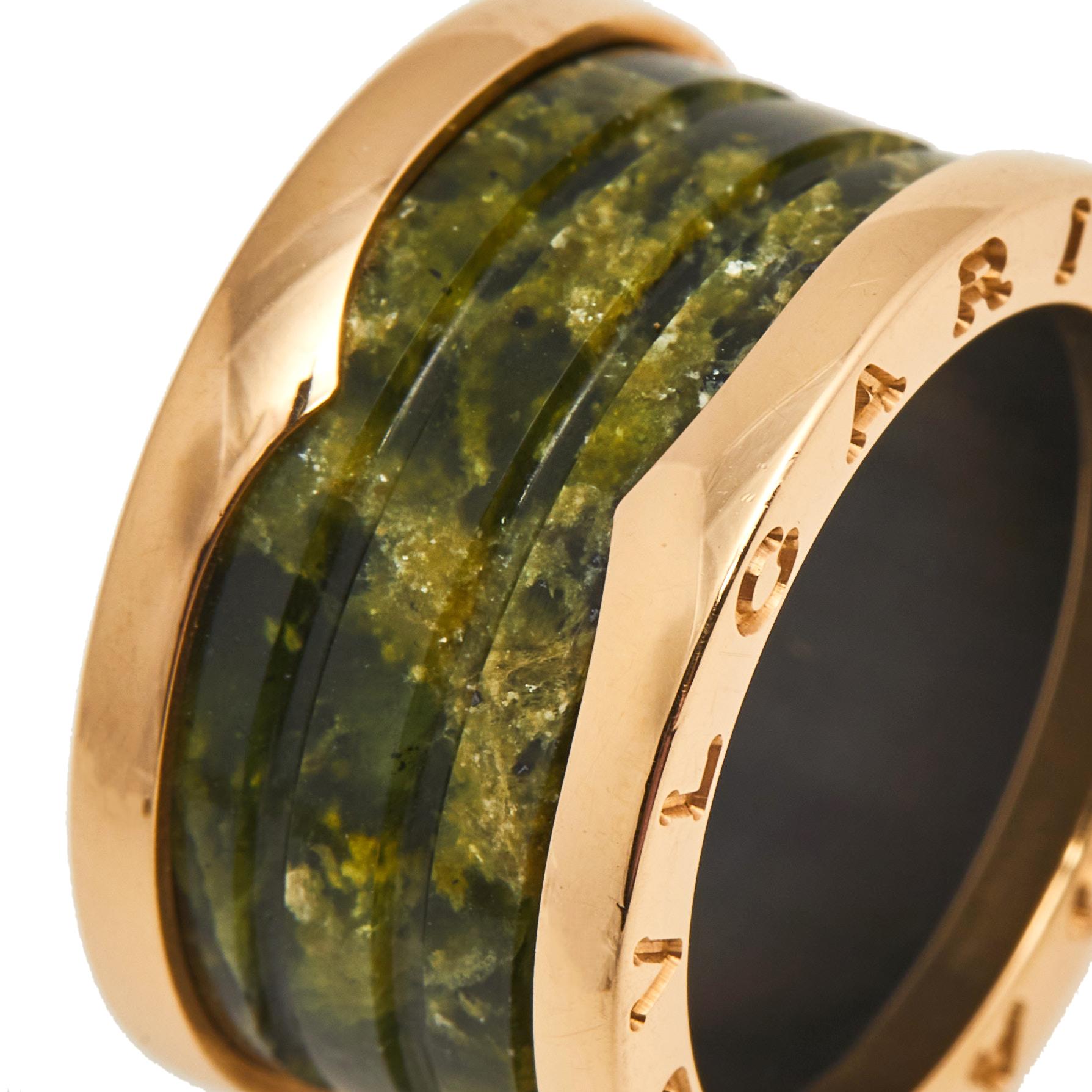 Contemporary Bvlgari B.Zero1 Green Marble 18K Rose Gold 4-Band Ring Size 52