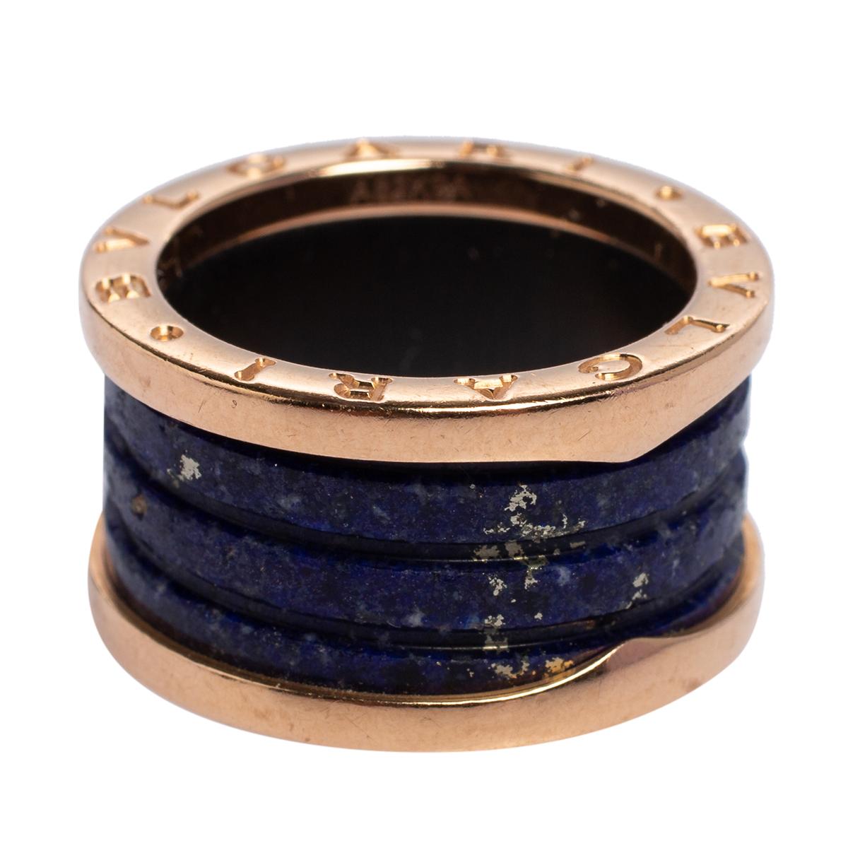 For the woman who has a refined taste in fine jewelry, Bvlgari brings her this immaculately crafted ring. Sculpted from 18k rose gold, this Bvlgari B.Zero1 ring features lapis lazuli bands stacked together. It is complete with signature engravings.

