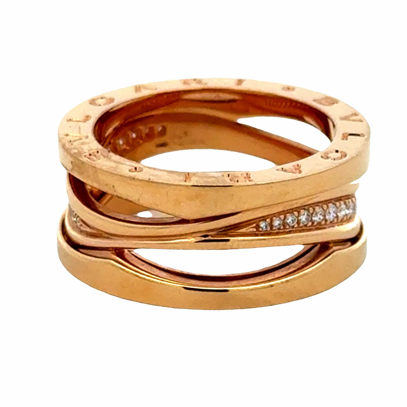 Bvlgari B.zero1 Legend Gold 18 Karat Rose Gold Ring with Diamonds Size 55 B&P NE For Sale 1