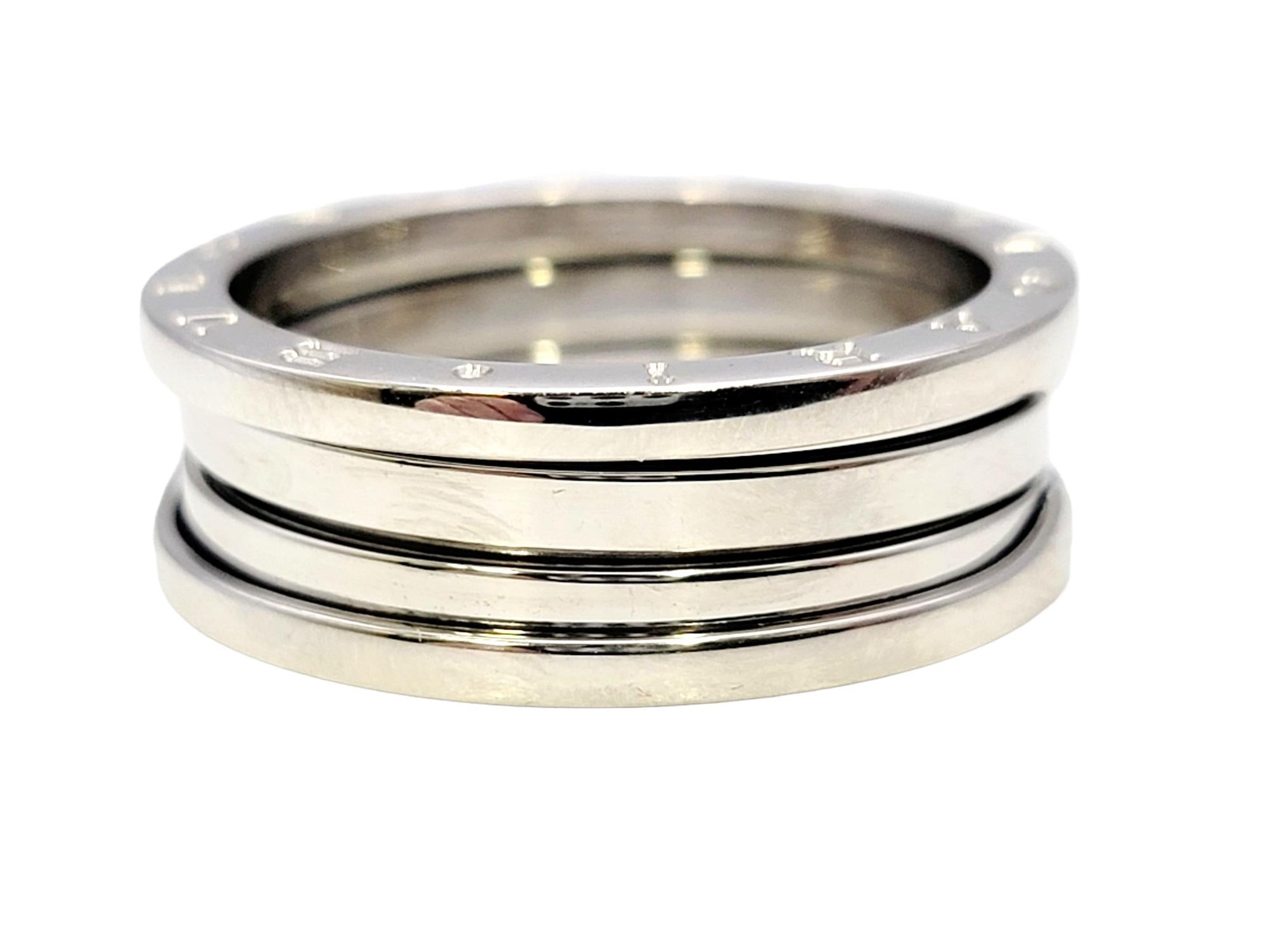 Contemporary Bvlgari B.ZERO1 Logo Etched Three-Band Wide Modern Band Ring 18 Karat White Gold For Sale