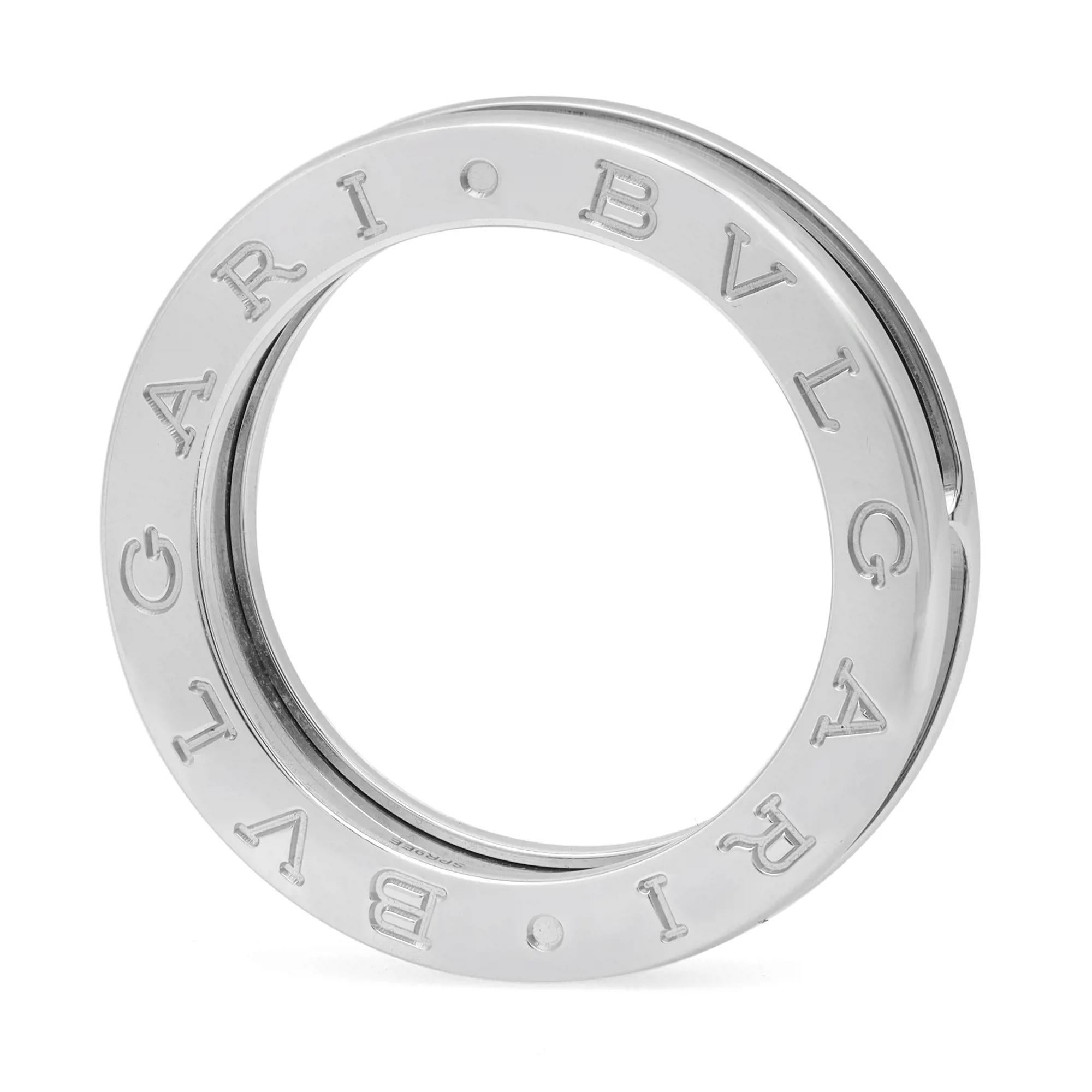 The B.Zero1 ring is a signature piece from the legendary jewelry design house Bvlgari. Crafted in fine 18K white gold. It features a clean modern one band ring engraved with the BVLGARI logo on both sides. This ring makes a great timeless and modern