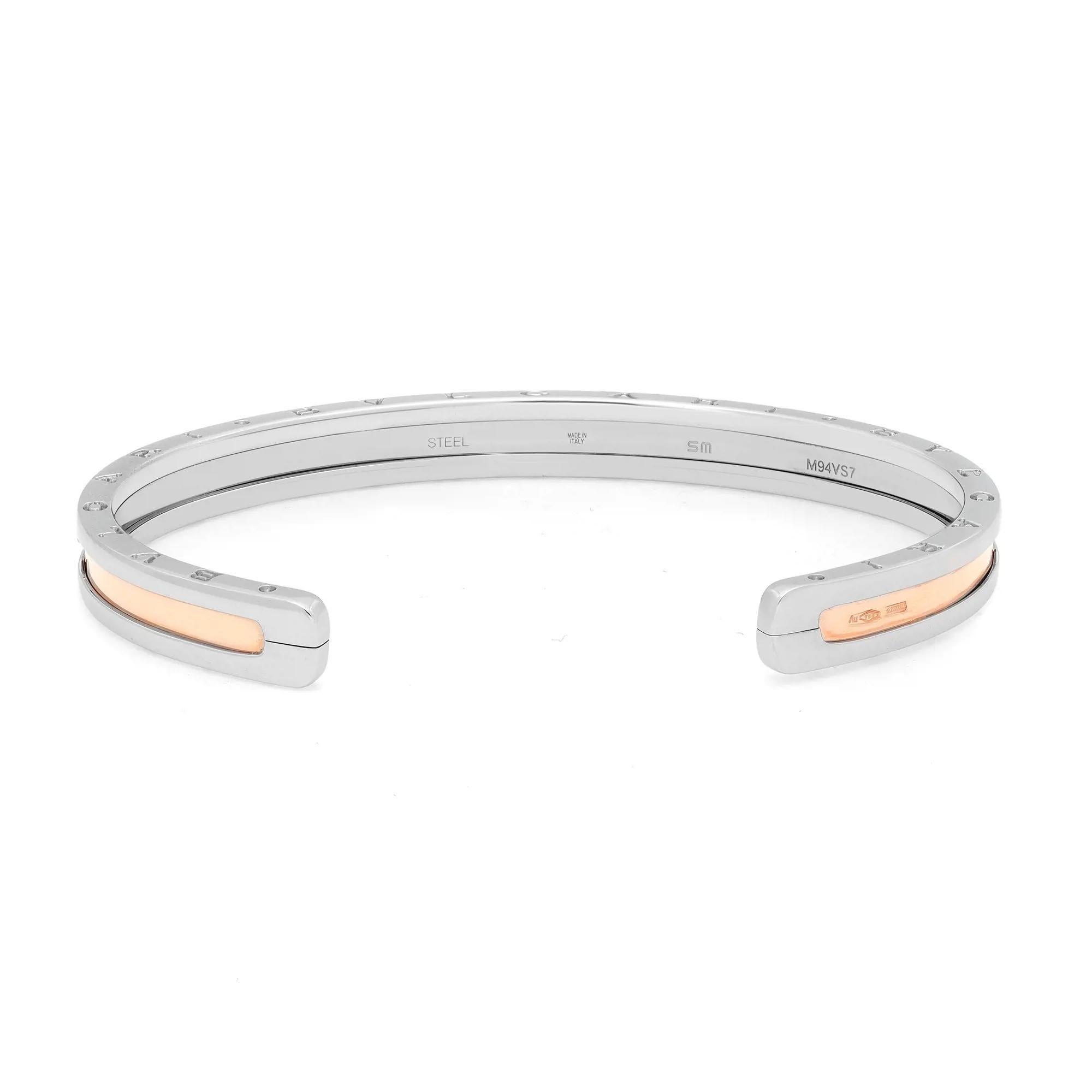 Offener Armreif von Bvlgari B.Zero1 aus 18 Karat Roségold und Edelstahl Gr. S-M für Damen oder Herren