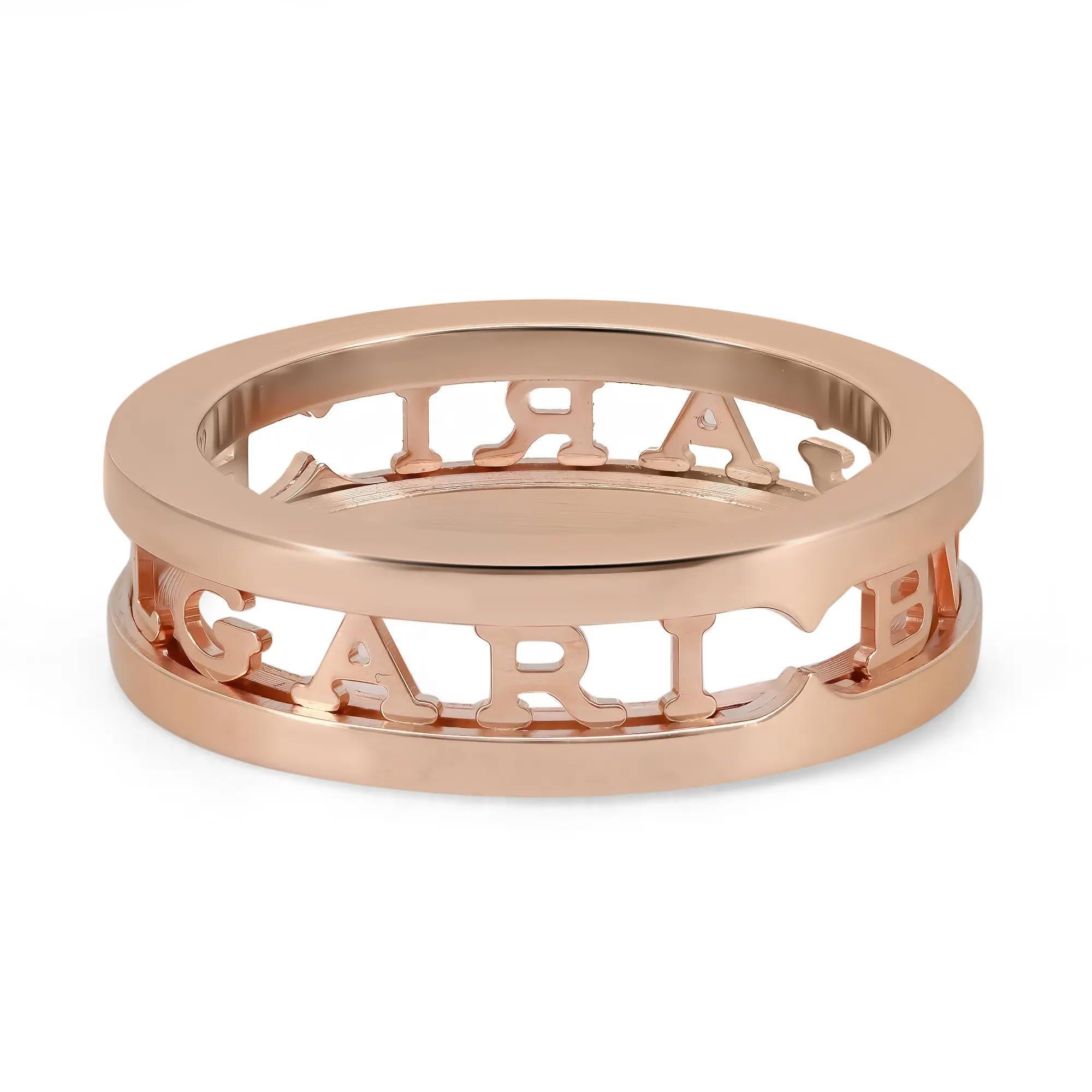 Fabulous and chic, this Bvlgari B.Zero1 band ring is a ground-breaking statement of Bulgari’s creative vision. Crafted in lustrous 18K rose gold. It features the iconic BVLGARI logo as a bold element of design in a one-band openwork spiral ring.