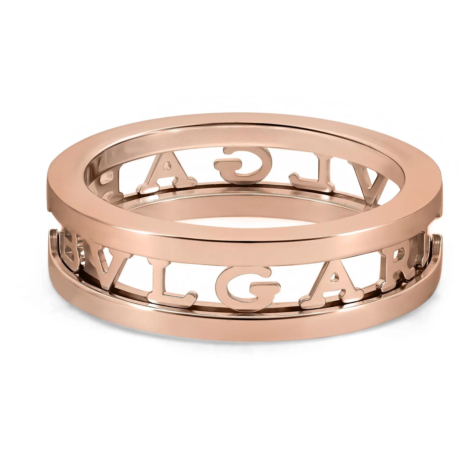 Fabulous and chic, this Bvlgari B.Zero1 band ring is a ground-breaking statement of Bulgari’s creative vision. Crafted in lustrous 18K rose gold. It features the iconic BVLGARI logo as a bold element of design in a one-band openwork spiral ring.