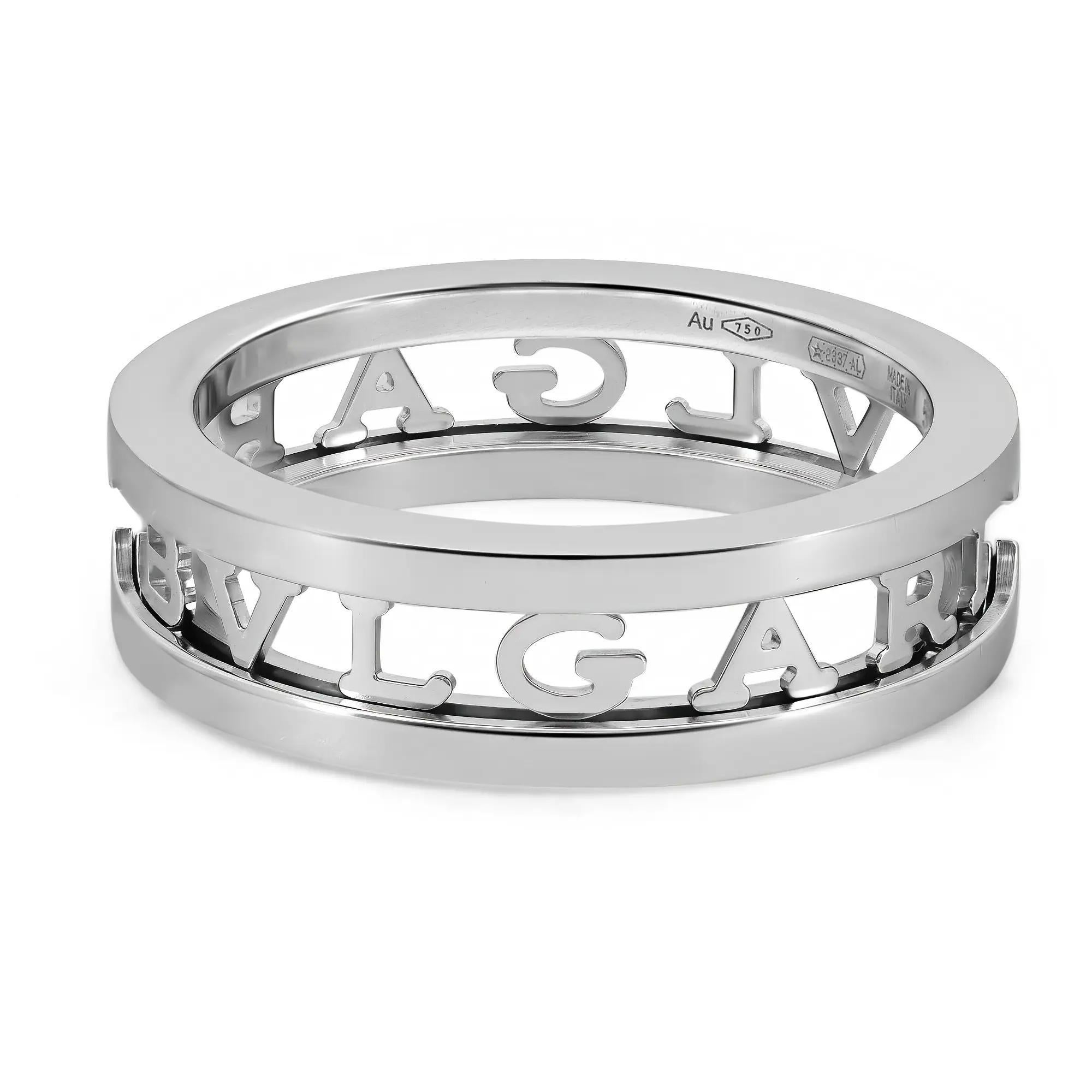 Fabulous and chic, this Bvlgari B.Zero1 band ring is a ground-breaking statement of Bulgari’s creative vision. Crafted in lustrous 18K white gold. It features the iconic BVLGARI logo as a bold element of design in a one-band openwork spiral ring.