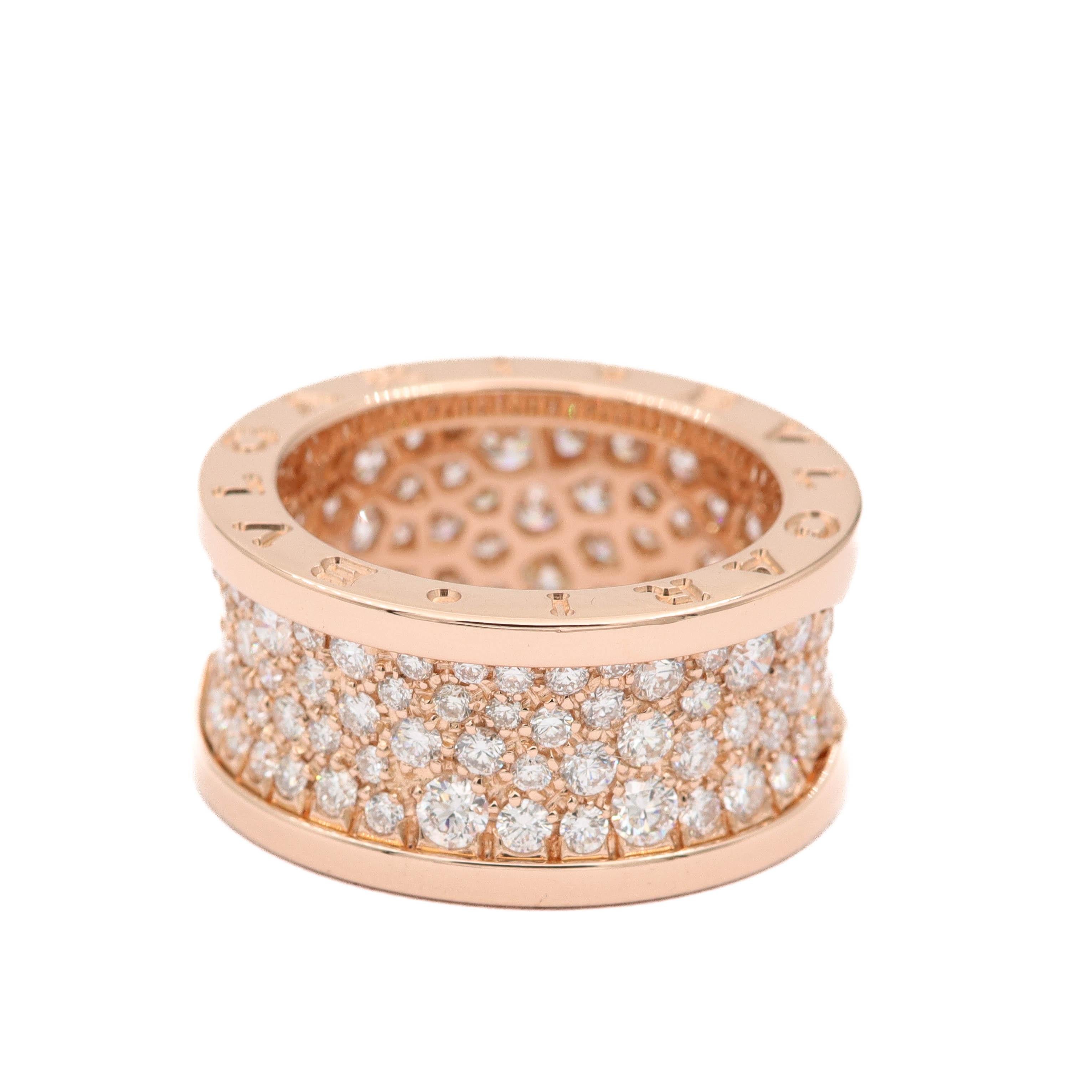 Iconic women's ring from Bvlgari's popular B.zero1 collection. Made in 18k rose gold and set with an estimated 2.10 carats of sparkling round diamonds.
Condition: Very good condition
Stones: Diamonds
Diamond color, clarity: F-G color , VVS1-VS1
