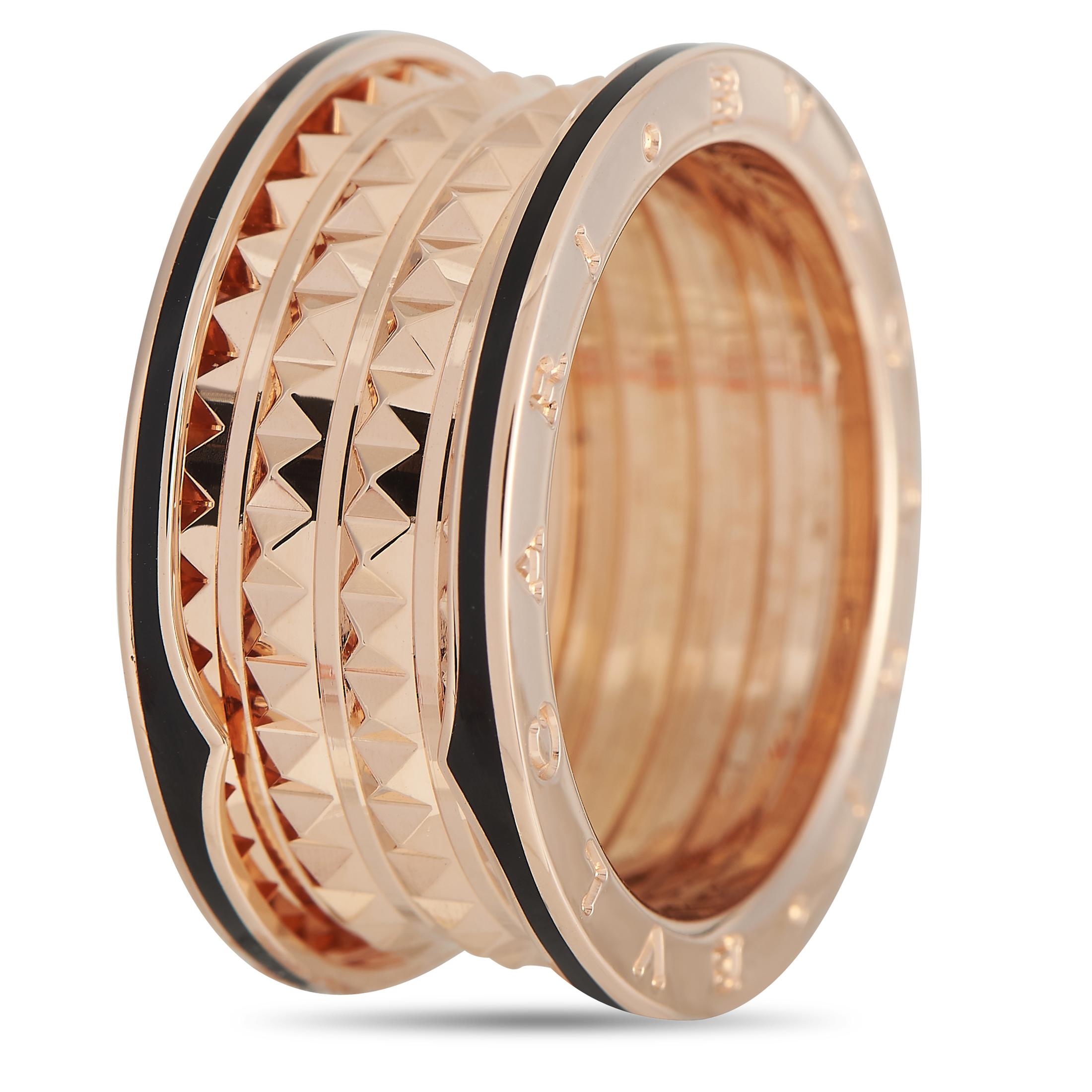 This exquisite Bvlgari B.zero1 band ring is full of unforgettable details. Textured metal at the center of the design is elevated by black ceramic accents, while the luxury brands distinct signature makes a statement on each end. Its crafted from