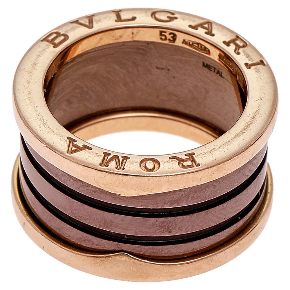 Bvlgari B.Zero1 Roma Bronze Ceramic 18K Rose Gold 4-Band Ring Size 53 1