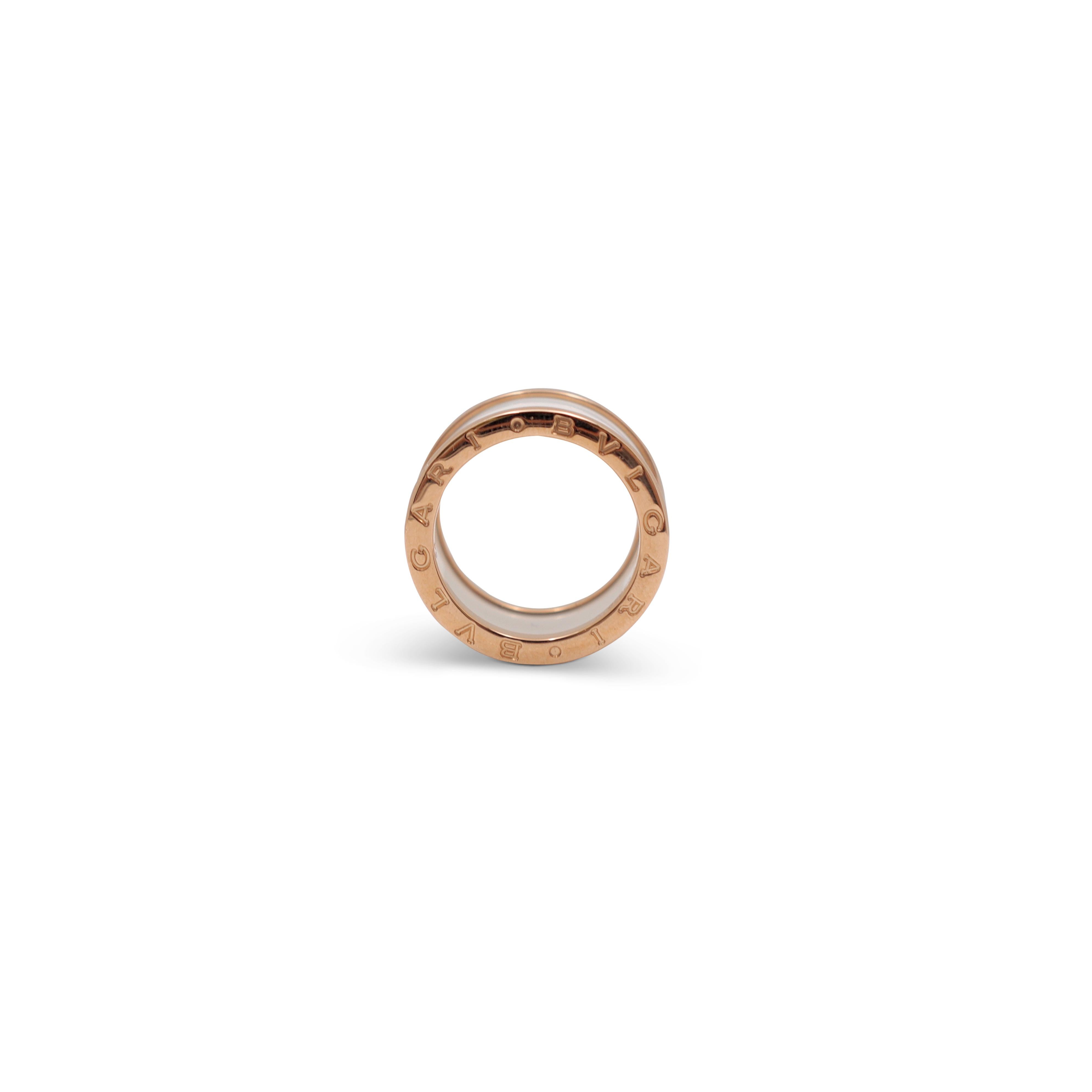 Authentic classic Bvlgari B.Zero1 ring crafted in 18 karat rose gold and white ceramic features the house's distinctive spiral born of the tubogas technique. Signed Bvlgari, 750, 54, Made in Italy. Ring size 54, US 6 3/4. The ring is not presented