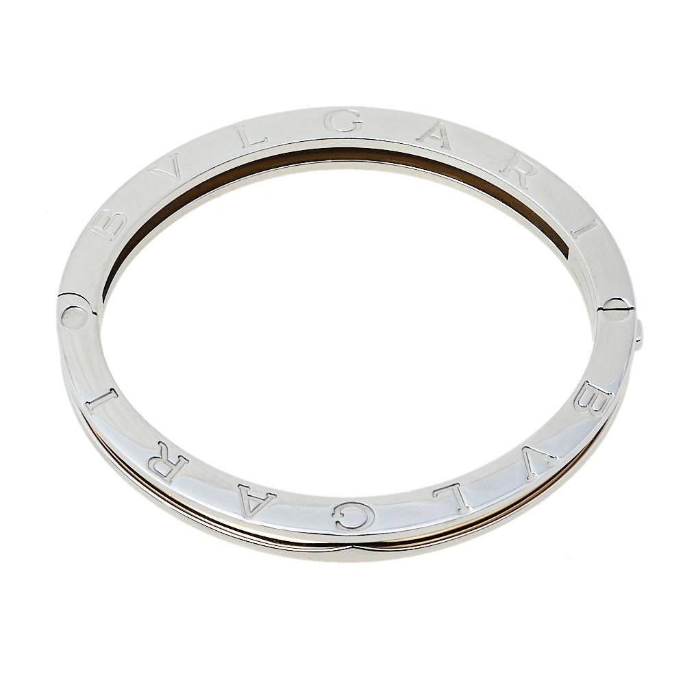 Adorn your wrist with this stunner of a bracelet from Bvlgari. The piece is from their B.Zero1 collection and has been crafted from stainless steel and beautifully lined with 18k rose gold. It is complete with the brand's lettering on the contours.