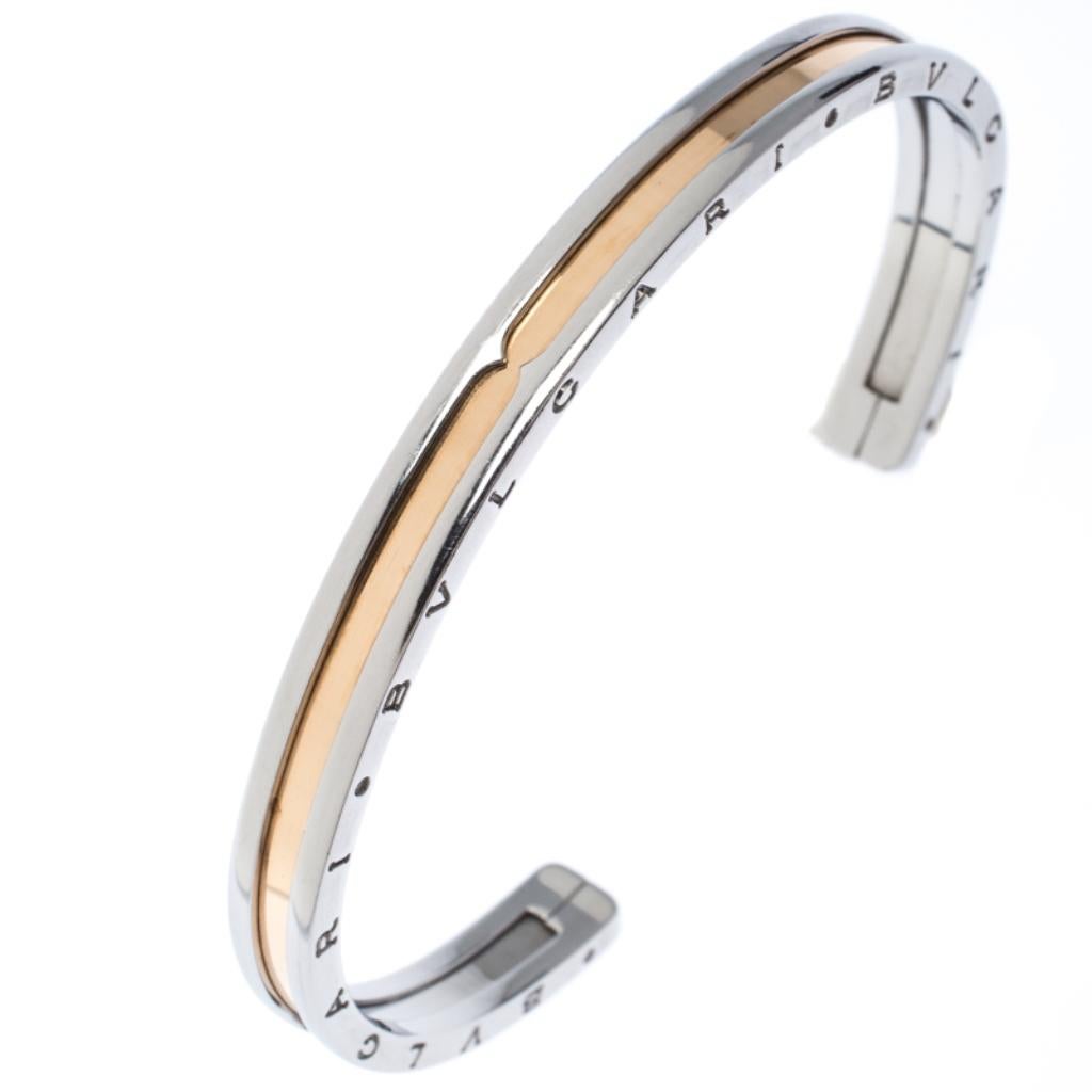 Contemporary Bvlgari B.Zero1 Stainless Steel 18k Rose Gold Narrow Open Cuff Bracelet