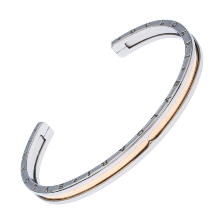 Bvlgari B.Zero1 Stainless Steel 18k Rose Gold Narrow Open Cuff Bracelet
