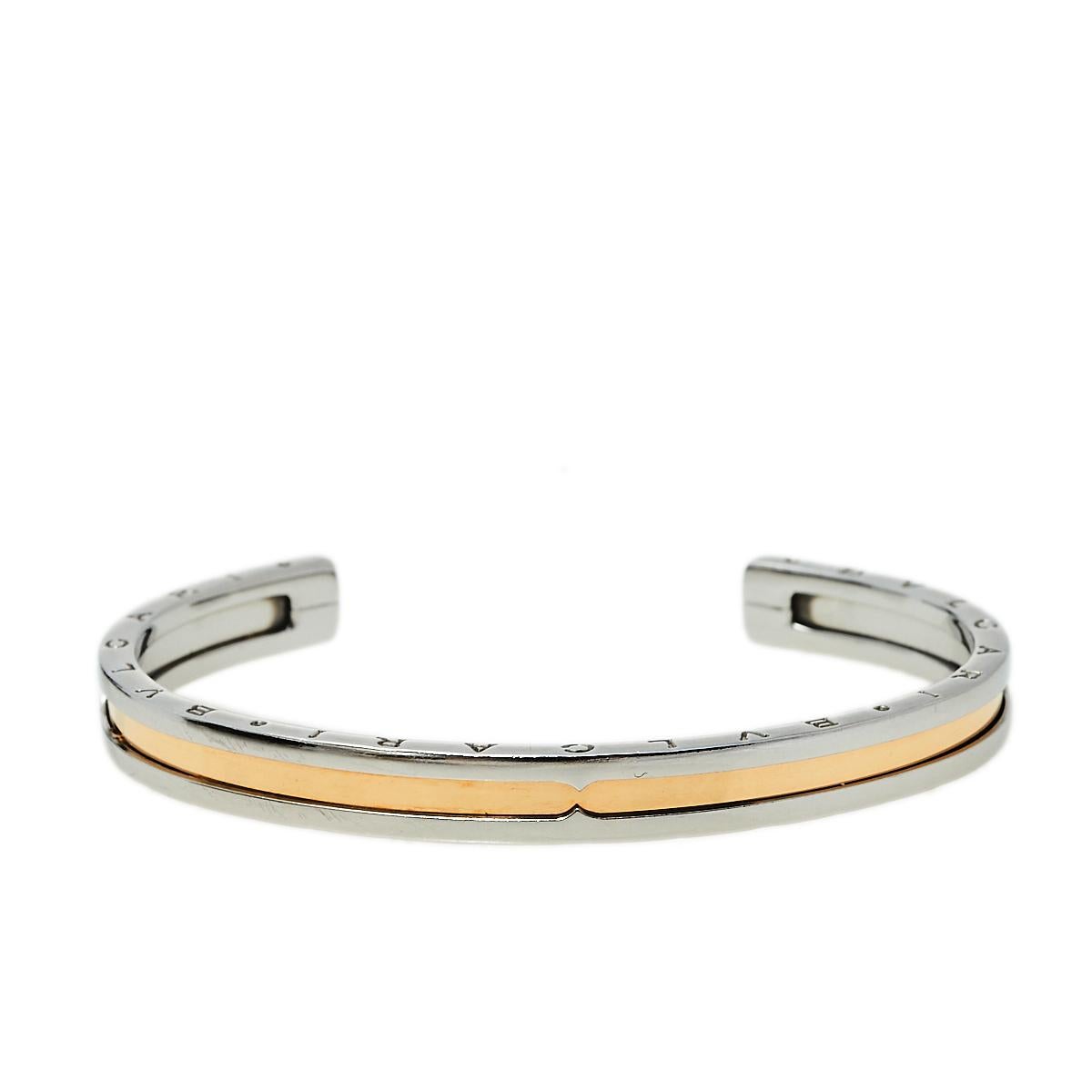 Contemporary Bvlgari B.Zero1 Stainless Steel & 18k Rose Gold Open Cuff Bracelet S