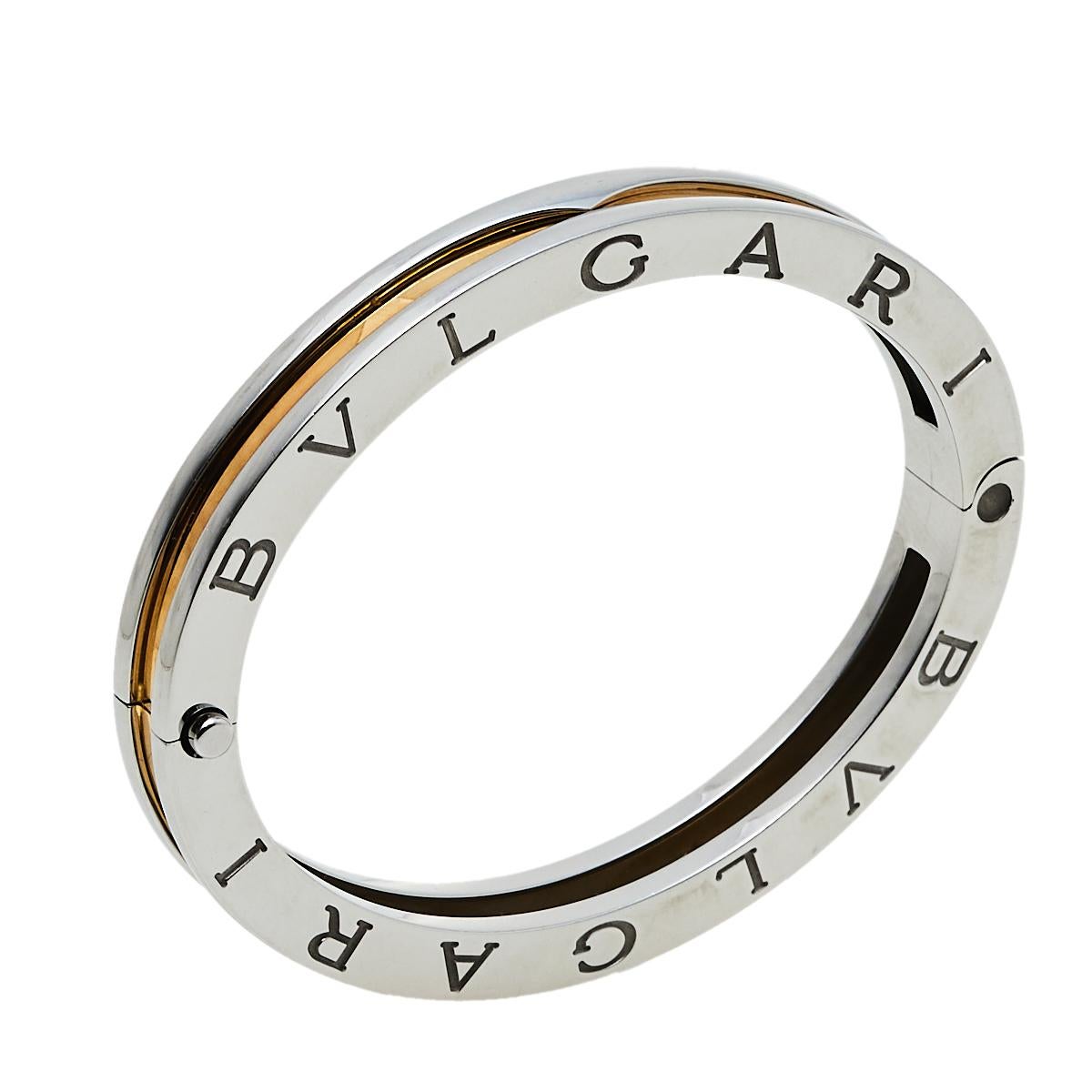 Adorn your wrist with this stunner of a bracelet from Bvlgari. The piece is from their B.Zero1 collection and has been crafted from stainless steel and beautifully lined with 18k rose gold. It is complete with the brand's lettering on the contours.