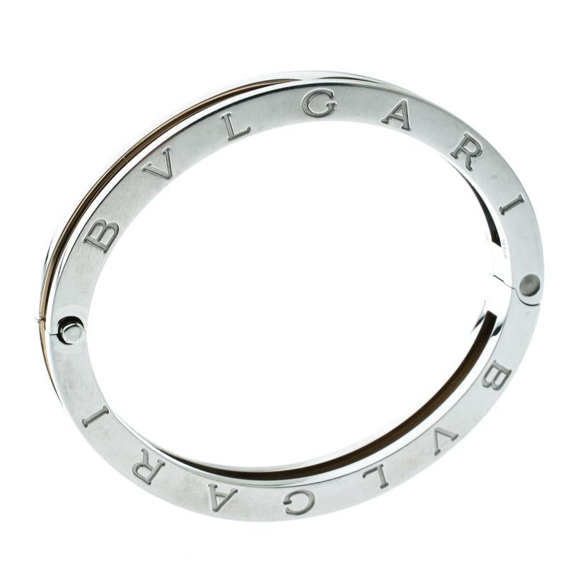 Contemporary Bvlgari B.Zero1 Stainless Steel & 18K Yellow Gold Oval Bangle Bracelet For Sale
