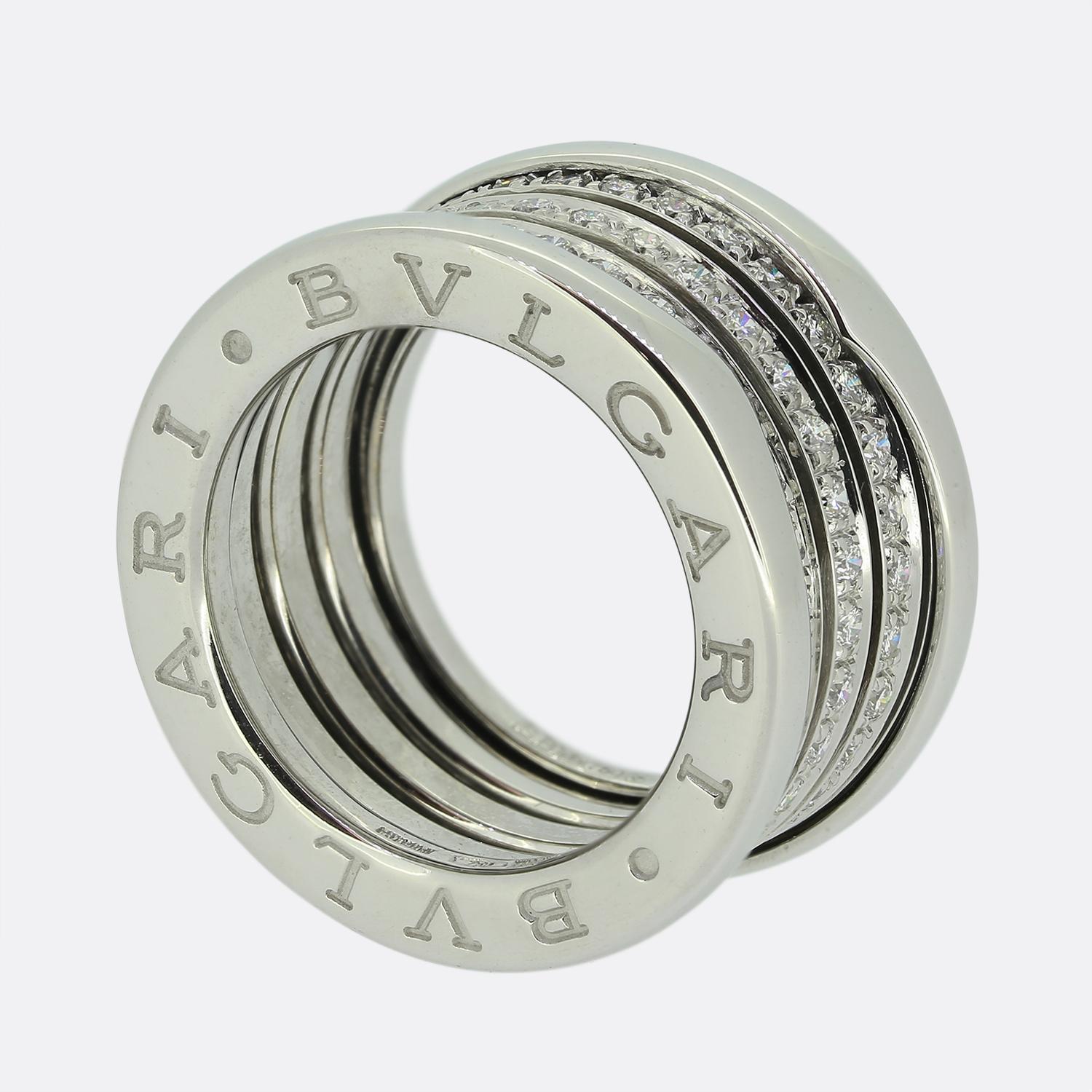 Here we have an excellently crafted 18ct white gold B.Zero1 ring from the world renowned Italian jewellery house of Bvlagri. This is the three band model; each of which has been set with a single row round brilliant cut diamonds.

The B.zero1