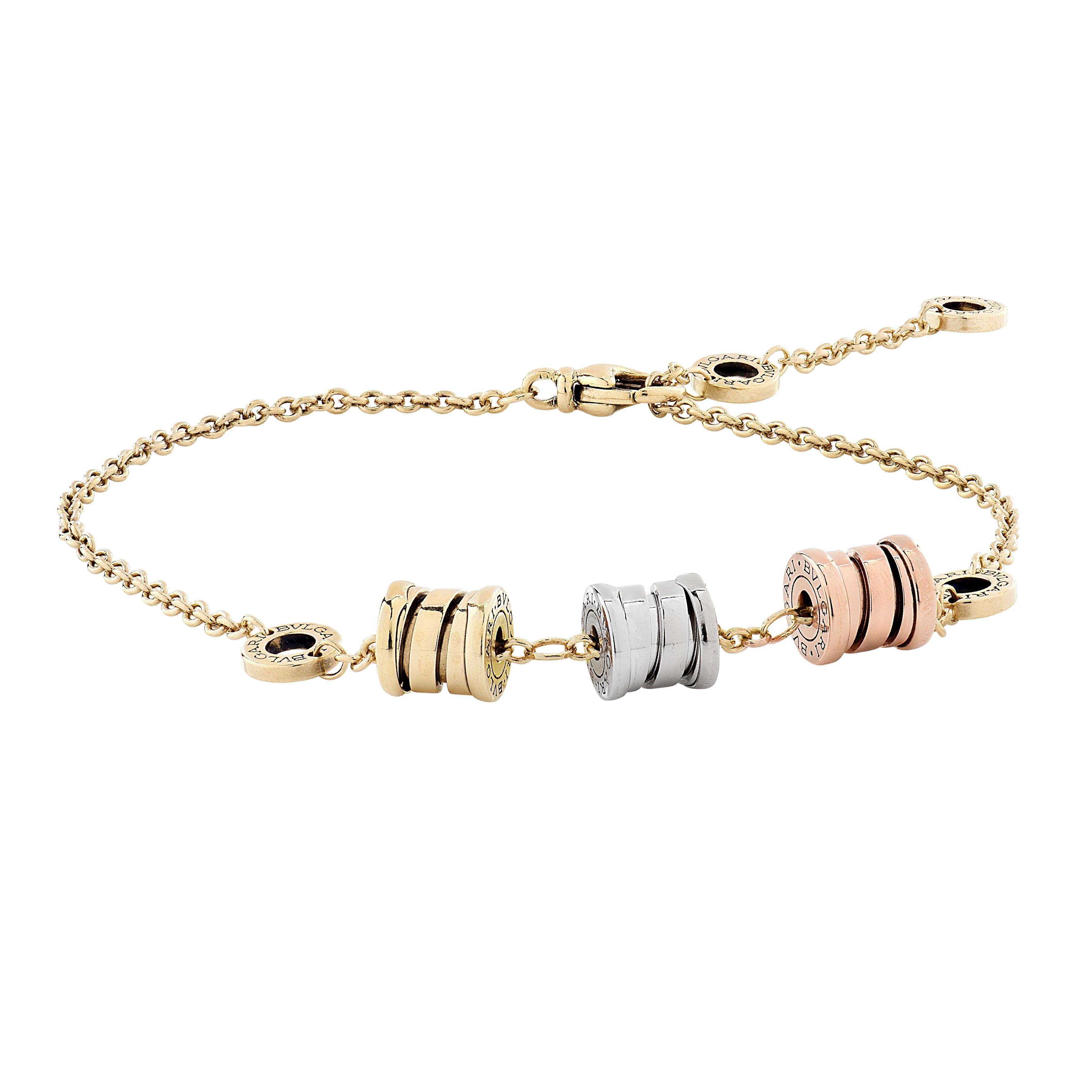 Expertly crafted by Bulgari’s master Italian artisans, this striking bracelet hails from the iconic B.Zero1 collection. Fashioned in 18k yellow, rose, and white gold, it showcases signature tri-color stations adorned with the classic B.Zero1