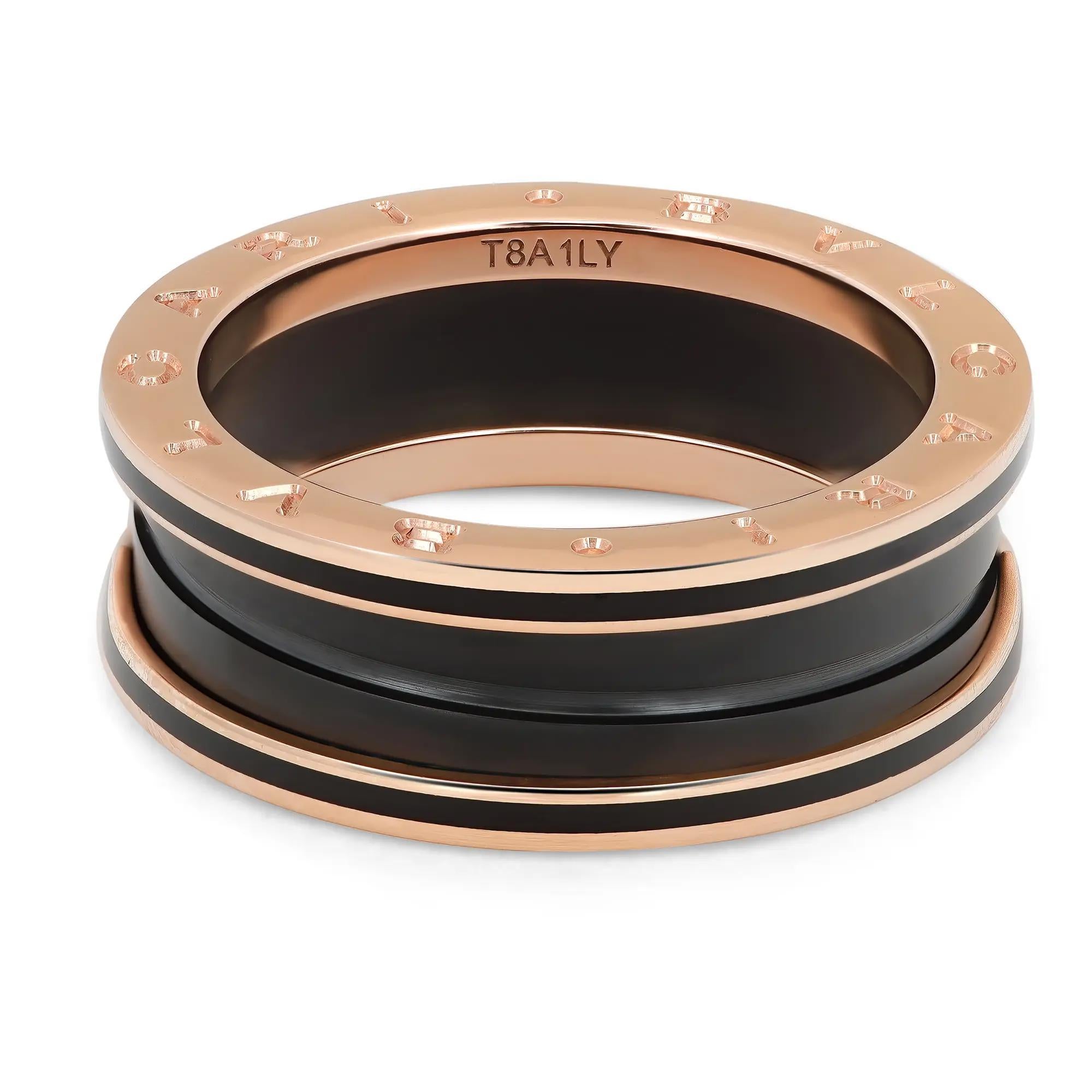 Bold and chic, this Bvlgari ring is a perfect addition to your statement jewelry collection. Crafted in lustrous 18K rose gold. It features a two-band B.zero1 ring with all matt black ceramic in the center and logo engraved rose gold outer rims.