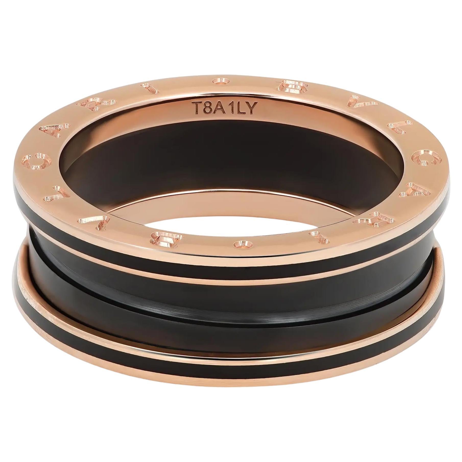 Bold and beautiful, this Bvlgari ring is a perfect addition to your statement jewelry collection. Crafted in lustrous 18K rose gold. It features a two-band B.zero1 ring with all matt black ceramic in the center with logo engraved rose gold outer