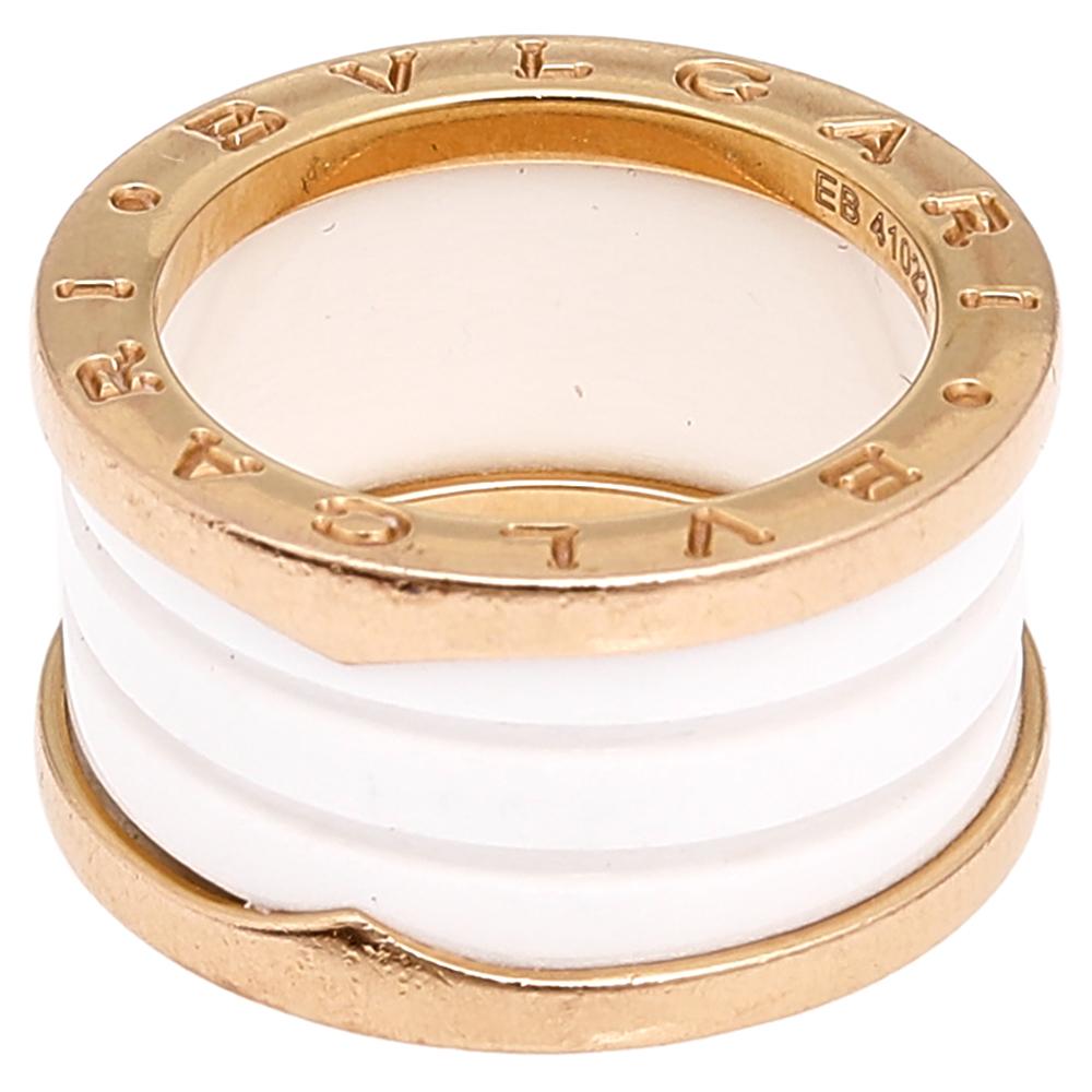 Contemporary Bvlgari B.Zero1 White Ceramic 18k Rose Gold 4-Band Ring Size 51