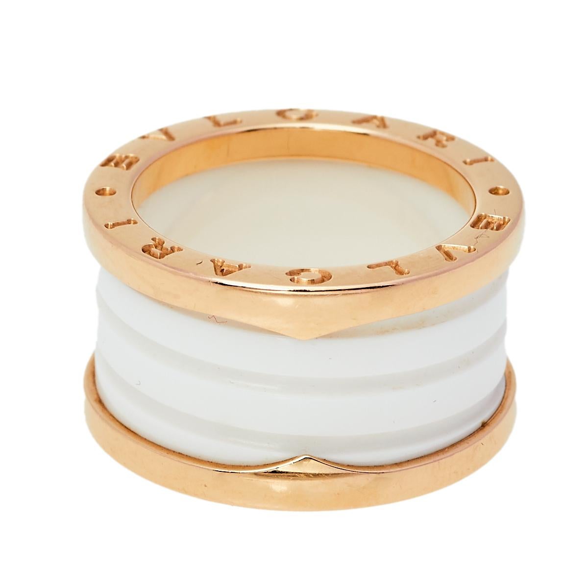 For the woman who has a refined taste in fine jewelry, Bvlgari brings her this immaculately crafted ring from a collection inspired by the Colosseum. Made to be praised, the B.Zero1 ring has a modern spiral style of four bands in 18K rose gold and