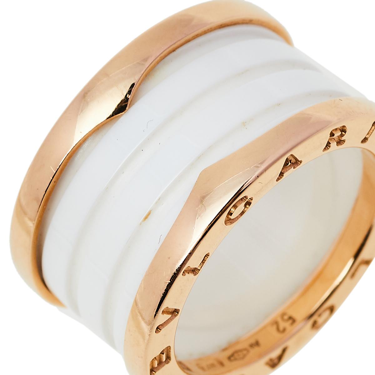 Contemporary Bvlgari B.Zero1 White Ceramic 18k Rose Gold 4 Band Ring Size 52