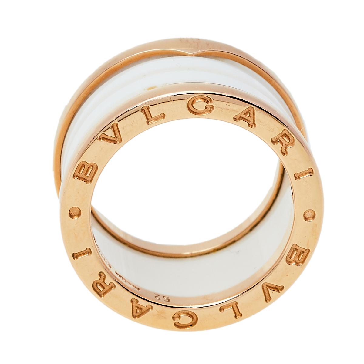 Women's Bvlgari B.Zero1 White Ceramic 18k Rose Gold 4 Band Ring Size 52