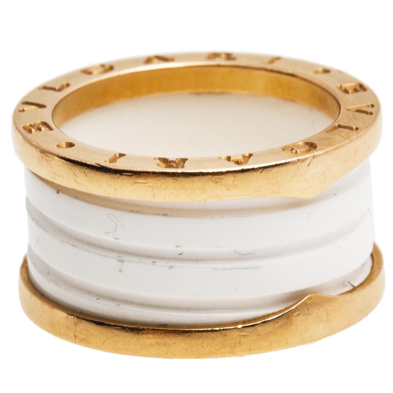 Contemporary Bvlgari B.Zero1 White Ceramic 18K Rose Gold 4-Band Ring Size 54