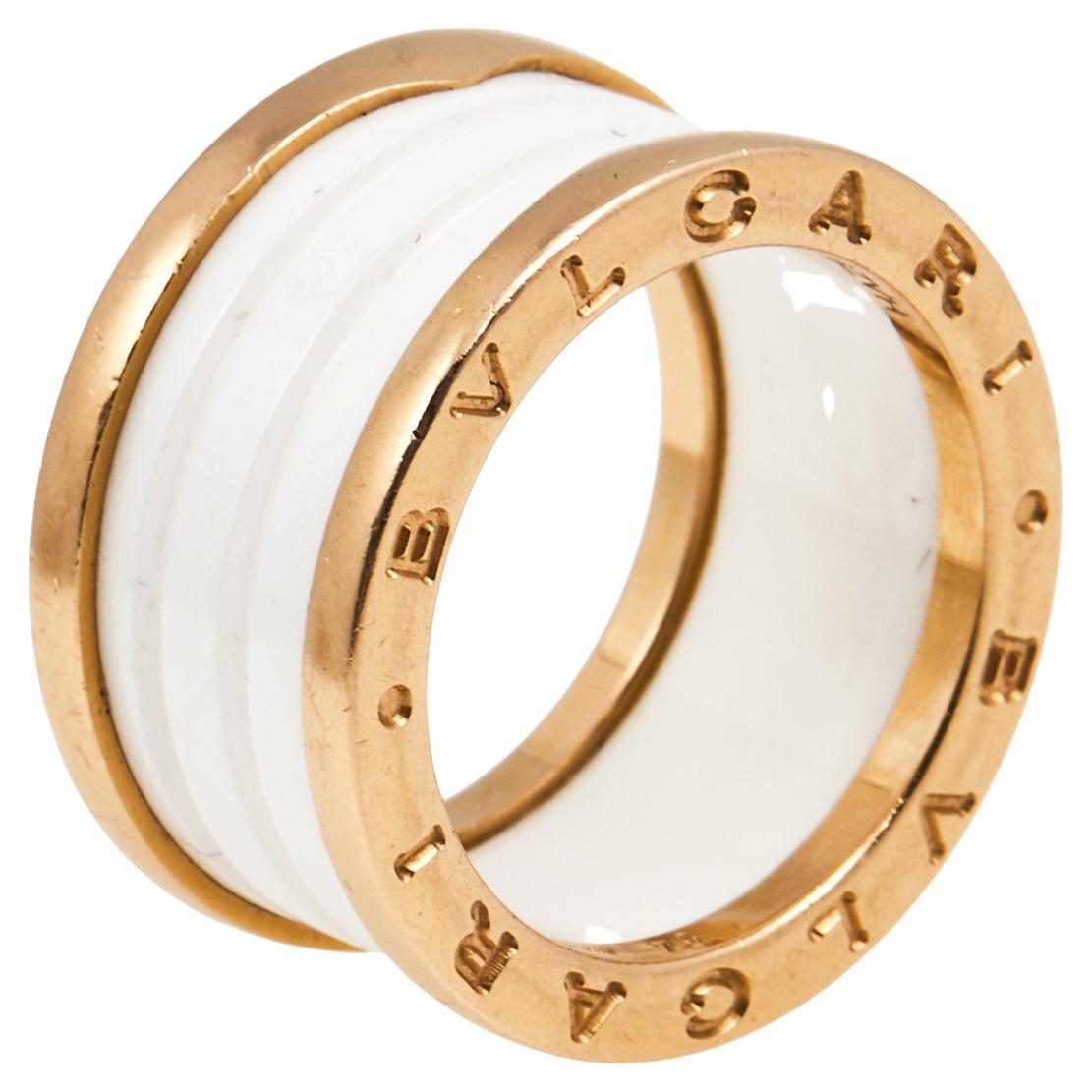 Bvlgari B.Zero1 White Ceramic 18K Rose Gold 4-Band Ring Size 54