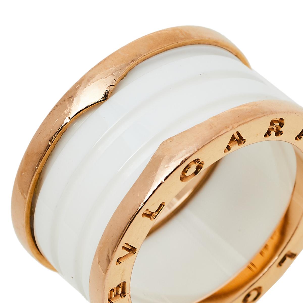Bvlgari B.Zero1 White Ceramic 18k Rose Gold 4 Band Ring Size 55 In Good Condition In Dubai, Al Qouz 2