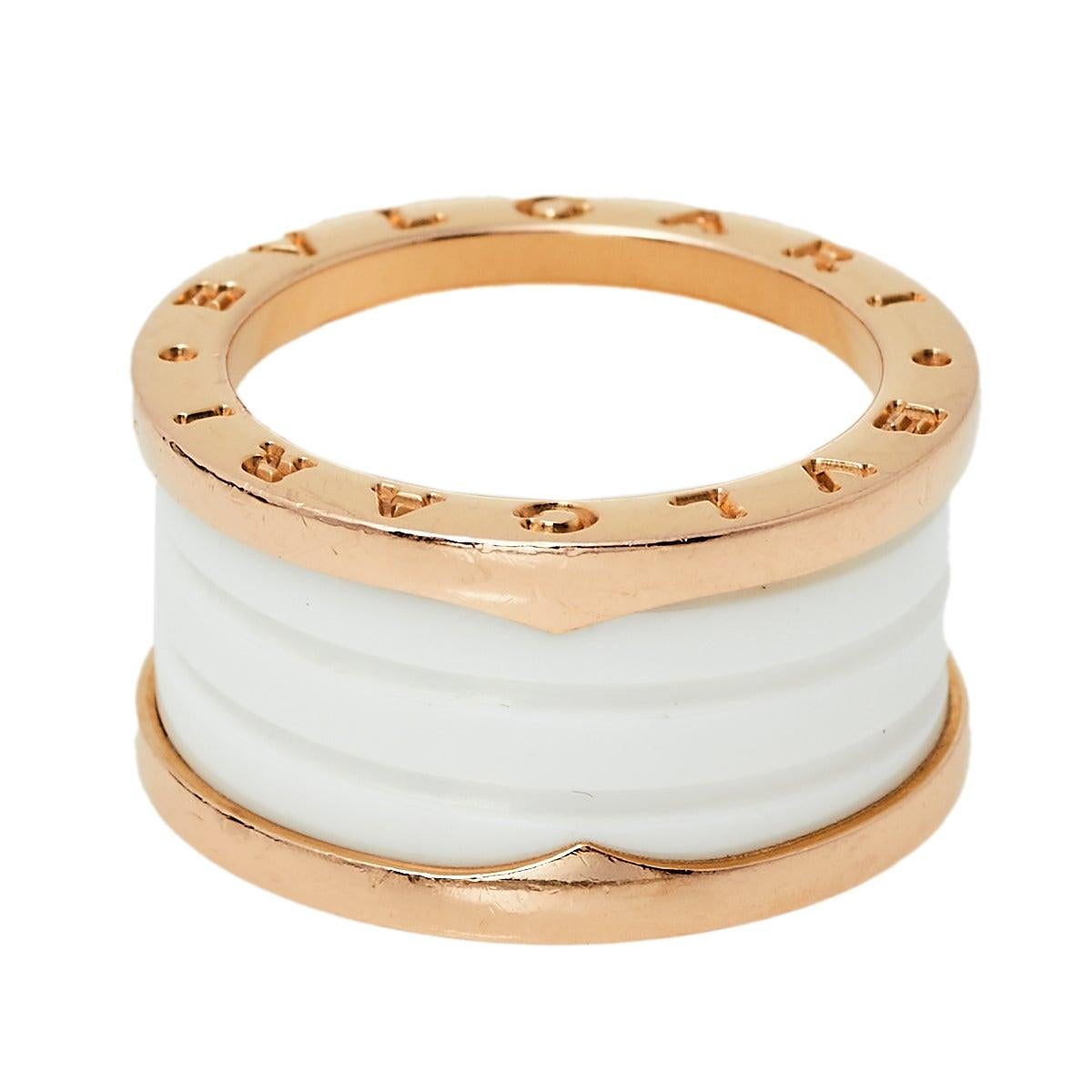 Bvlgari B.Zero1 White Ceramic 18k Rose Gold 4 Band Ring Size 55 3