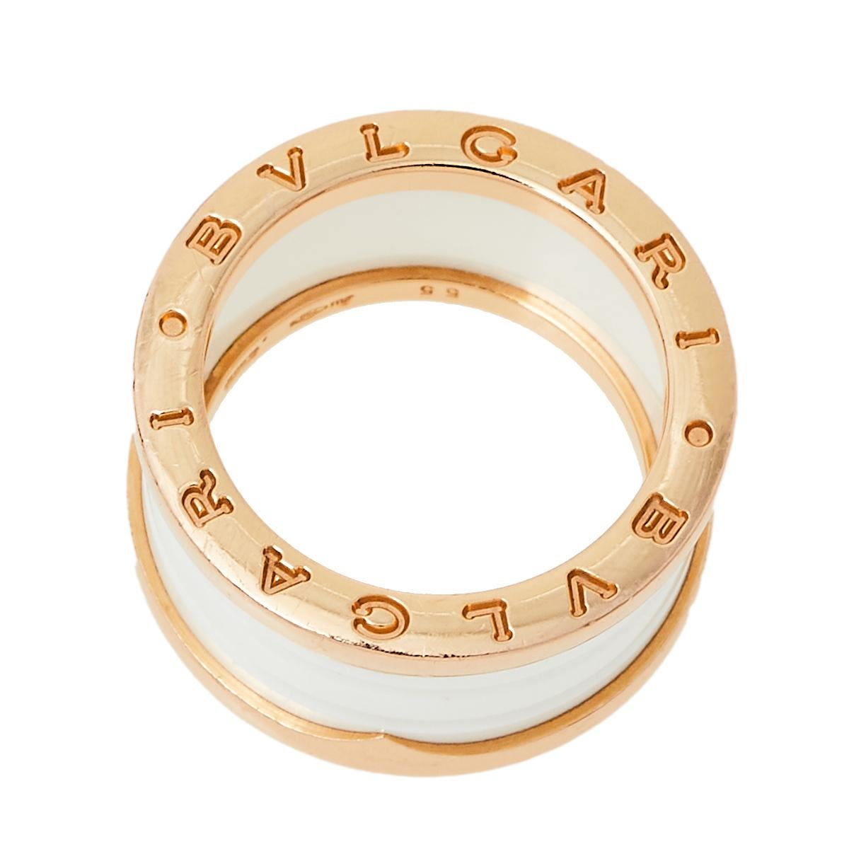 Bvlgari B.Zero1 White Ceramic 18k Rose Gold 4 Band Ring Size 55 2