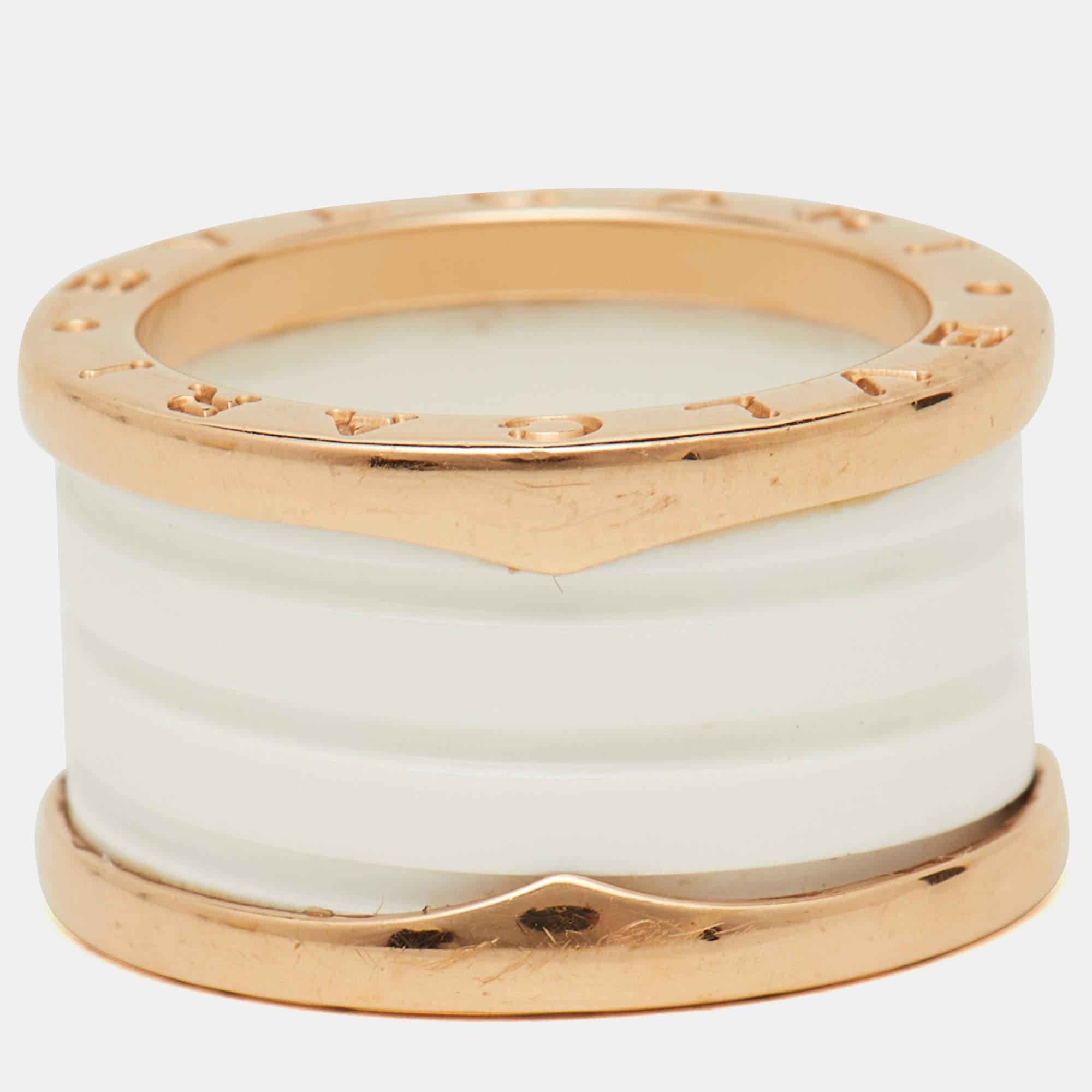 Bvlgari B.Zero1 White Ceramic 18k Rose Gold Band Ring Size 50 In Good Condition In Dubai, Al Qouz 2