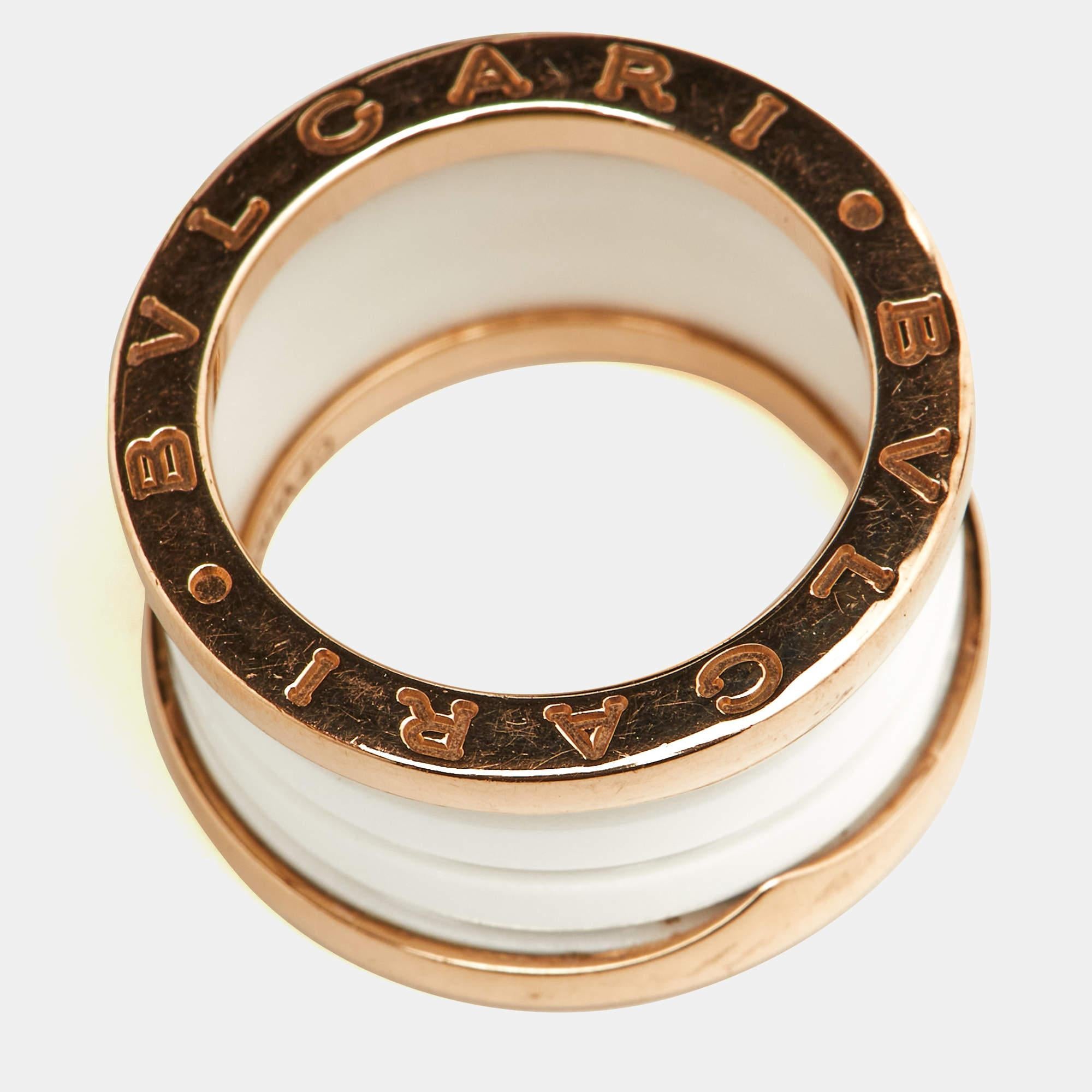 Women's Bvlgari B.Zero1 White Ceramic 18k Rose Gold Band Ring Size 50
