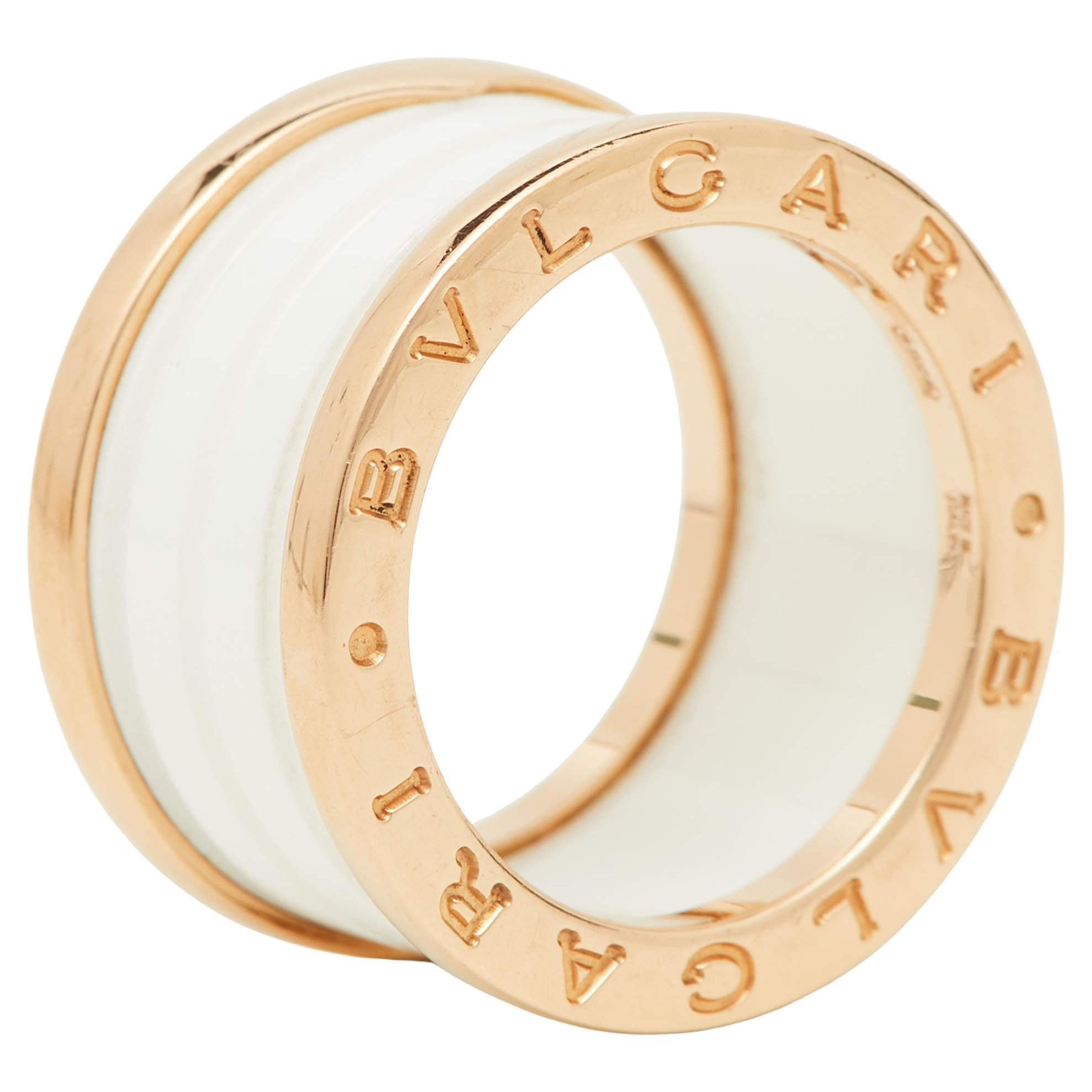Bvlgari B.Zero1 White Ceramic 18k Rose Gold Band Ring Size 50 For Sale