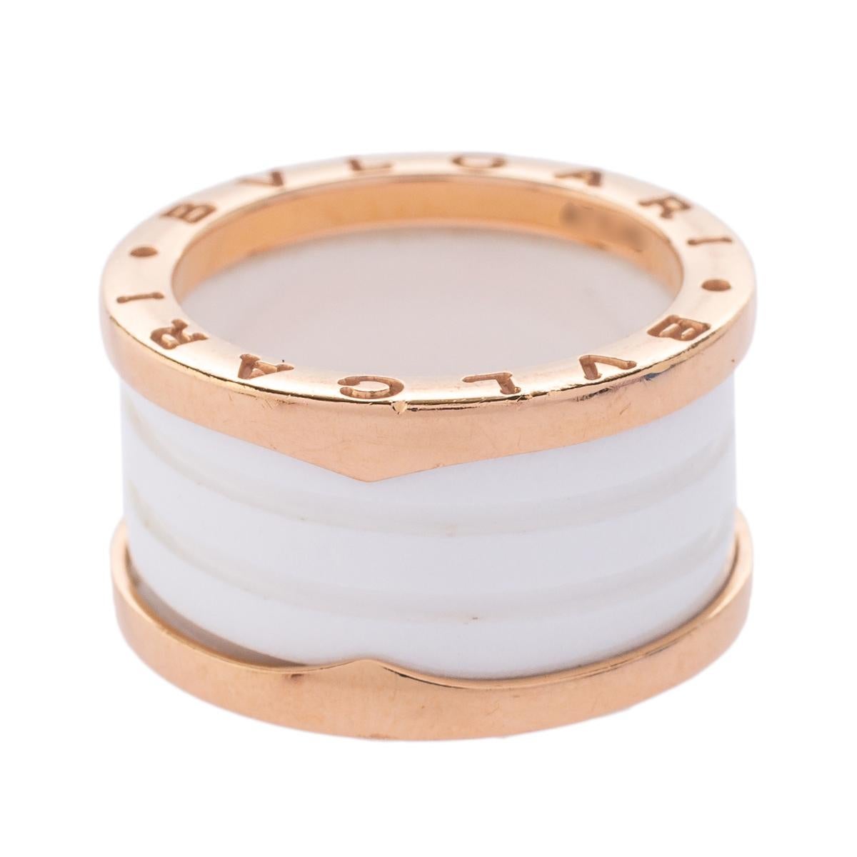 For the woman who has a refined taste in fine jewelry, Bvlgari brings her this immaculately crafted ring. Sculpted from 18k rose gold, this Bvlgari B.Zero1 ring features white ceramic bands stacked together. It is complete with signature