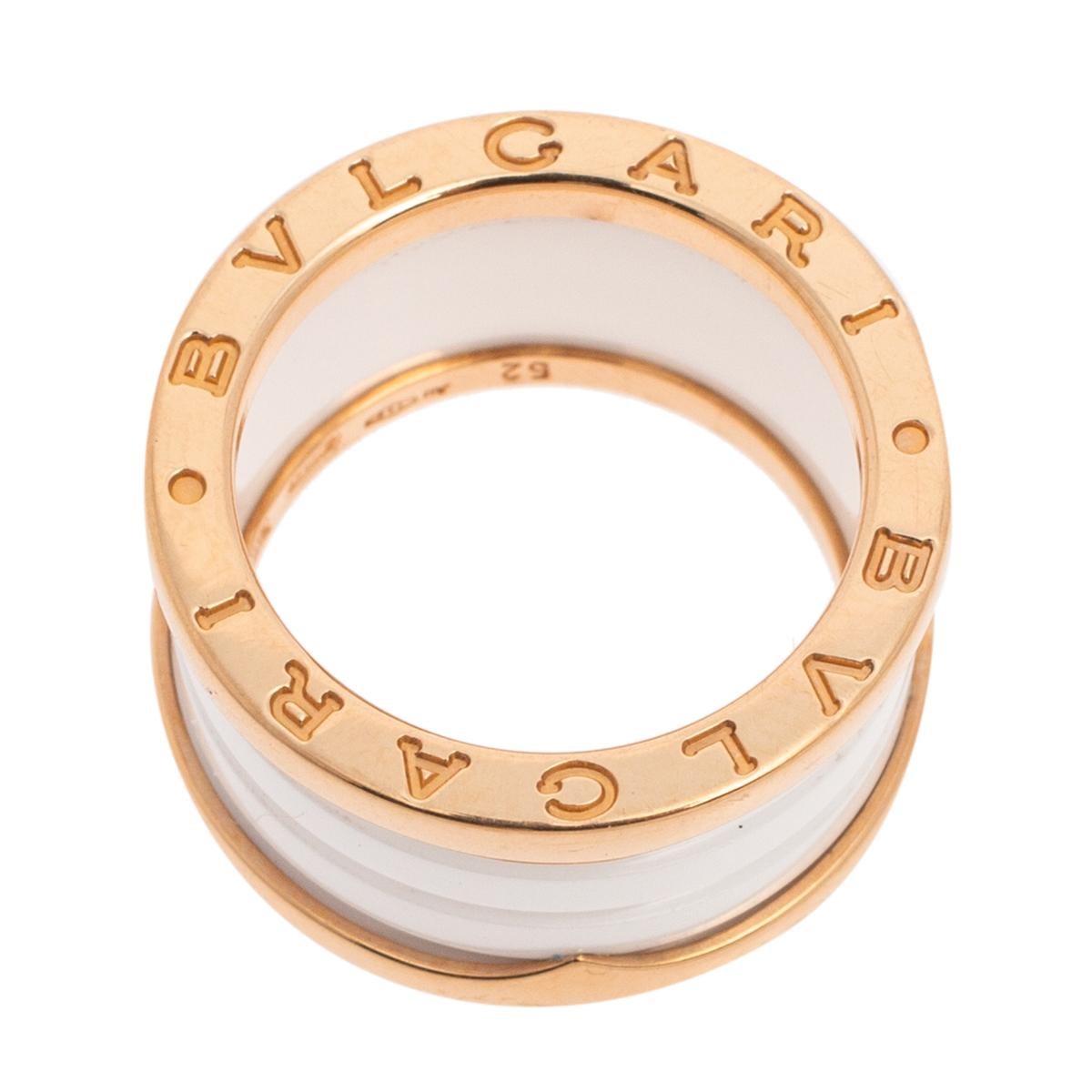 For the woman who has a refined taste in fine jewelry, Bvlgari brings her this immaculately crafted ring. Sculpted from 18k rose gold, this Bvlgari B.Zero1 ring features white ceramic bands stacked together. It is complete with signature