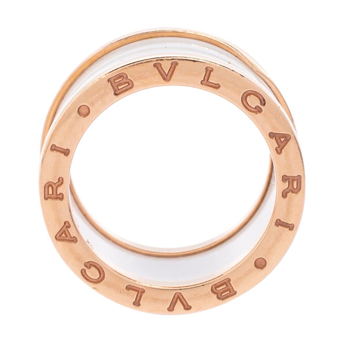 Contemporary Bvlgari B.Zero1 White Ceramic 18k Rose Gold Band Ring Size 52
