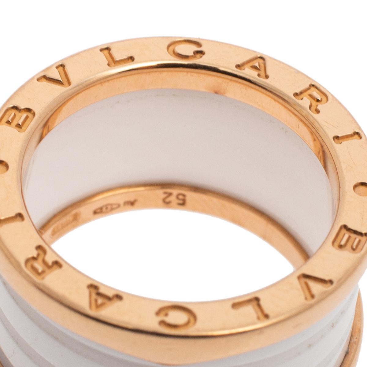 Contemporary Bvlgari B.Zero1 White Ceramic 18k Rose Gold Band Ring Size 52