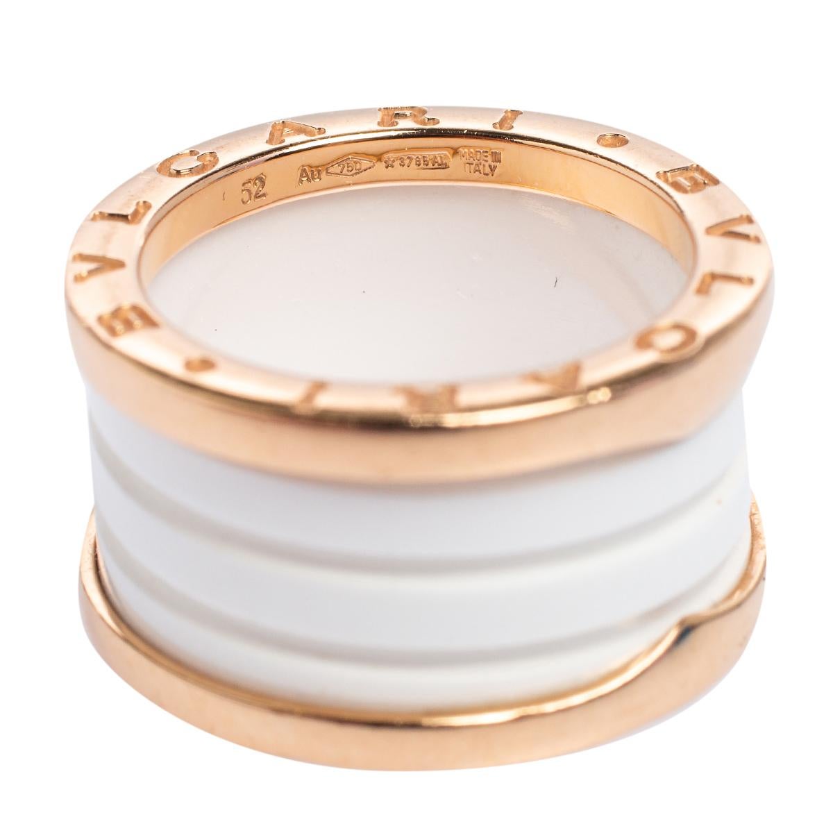 Bvlgari B.Zero1 White Ceramic 18k Rose Gold Band Ring Size 52 In Fair Condition In Dubai, Al Qouz 2