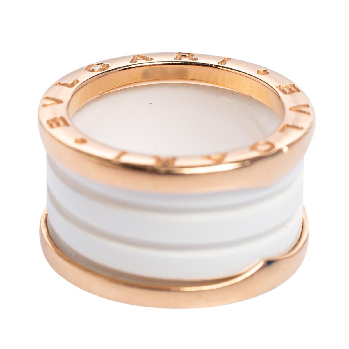 Women's Bvlgari B.Zero1 White Ceramic 18k Rose Gold Band Ring Size 52