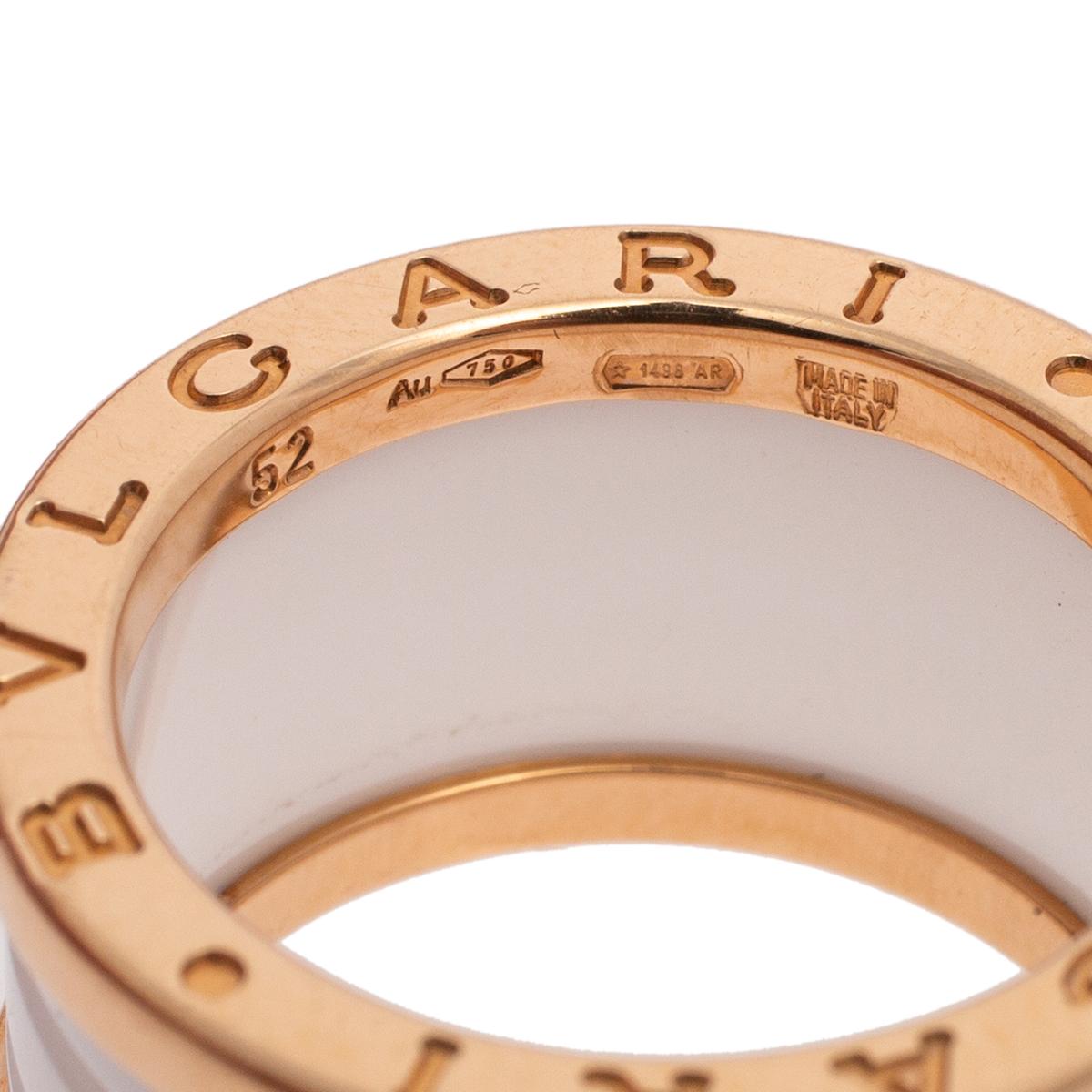 Women's Bvlgari B.Zero1 White Ceramic 18k Rose Gold Band Ring Size 52
