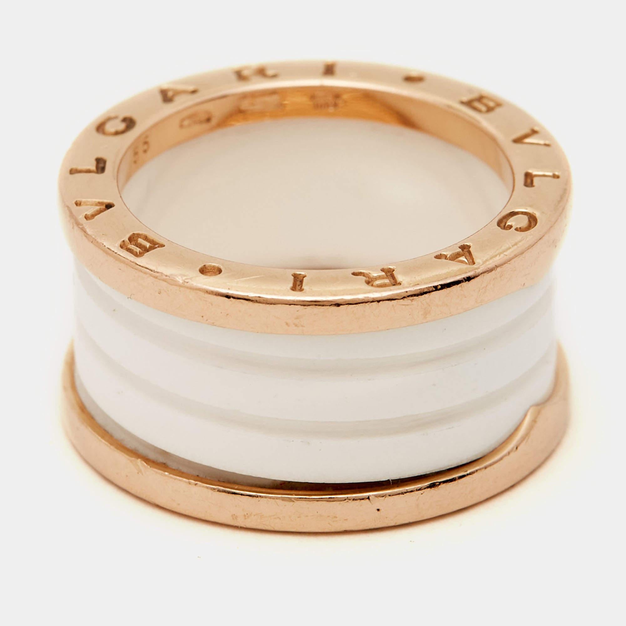 Contemporary Bvlgari B.Zero1 White Ceramic 18k Rose Gold Band Ring Size 55