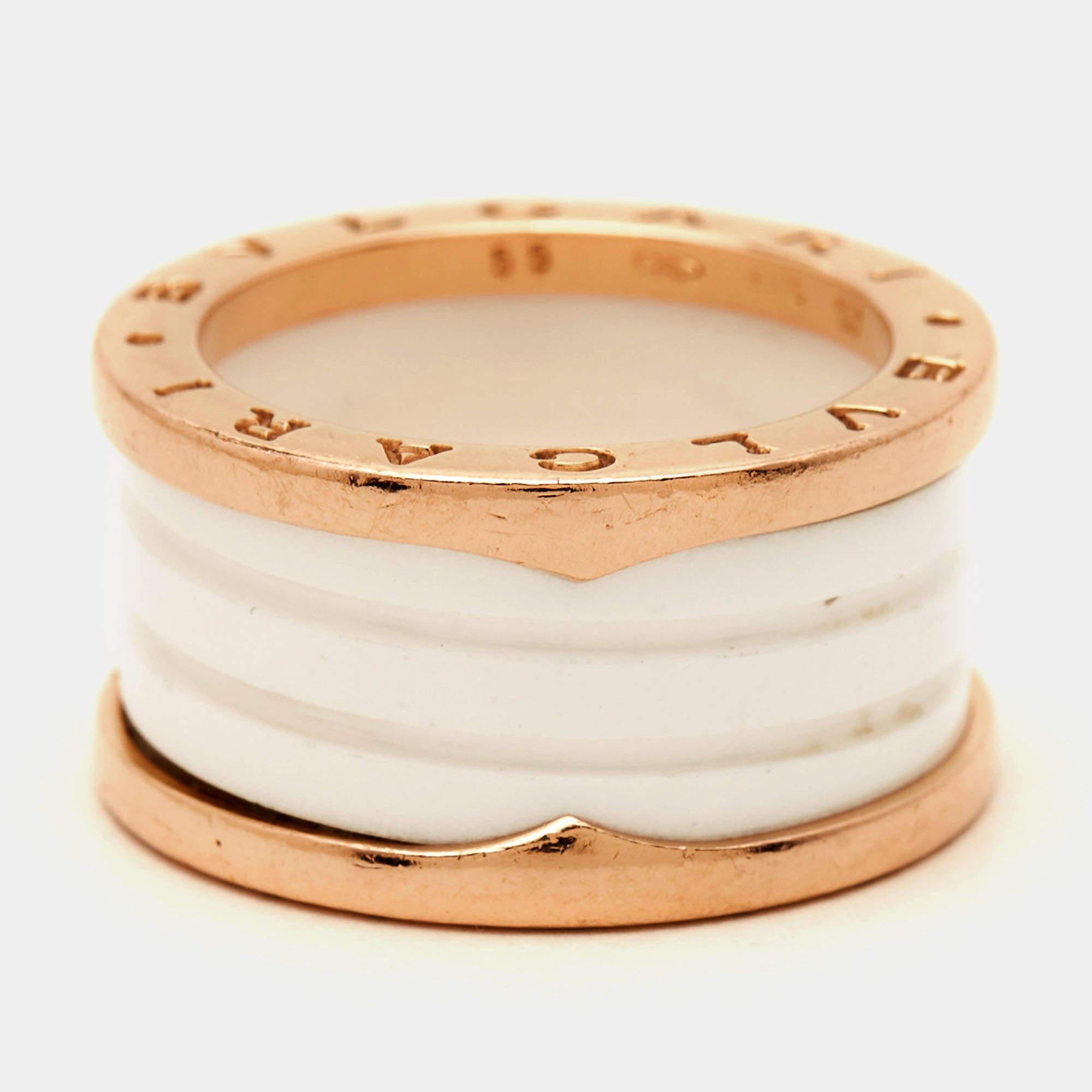 Bvlgari B.Zero1 White Ceramic 18k Rose Gold Band Ring Size 55 In Excellent Condition In Dubai, Al Qouz 2