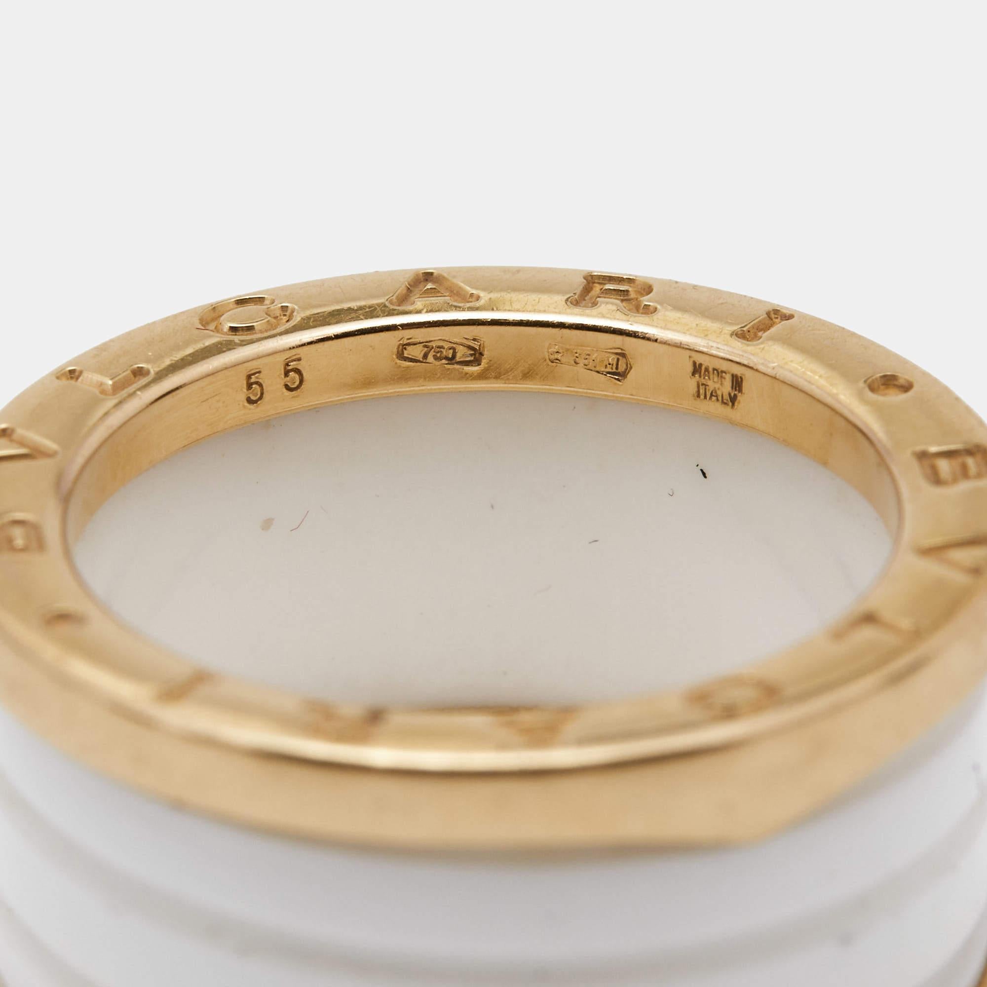 Women's Bvlgari B.Zero1 White Ceramic 18k Rose Gold Band Ring Size 55
