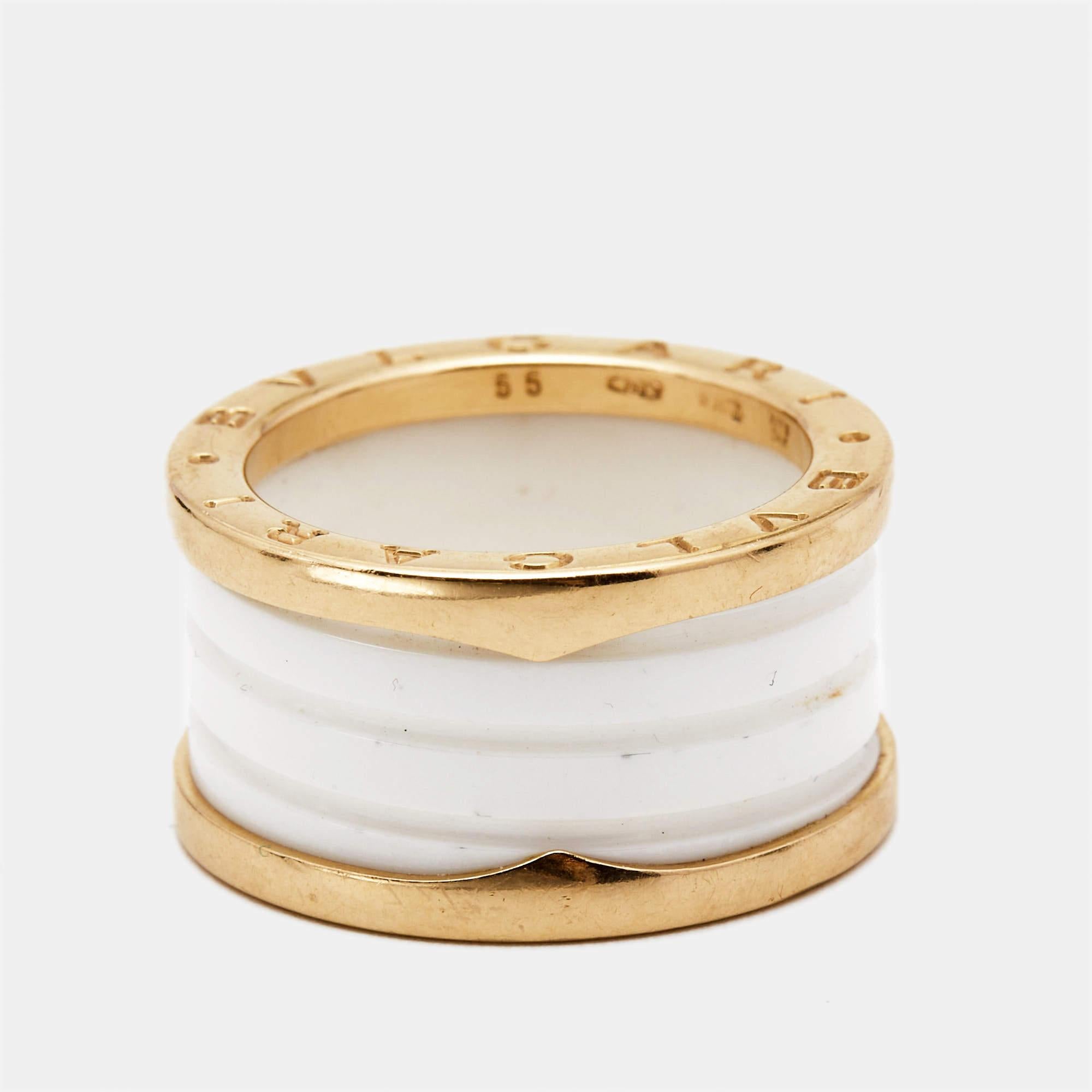 Bvlgari B.Zero1 White Ceramic 18k Rose Gold Band Ring Size 55 1