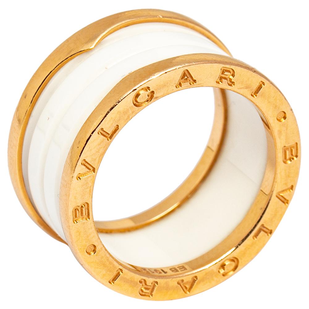Contemporary Bvlgari B.Zero1 White Ceramic 18k Rose Gold Band Ring Size 56